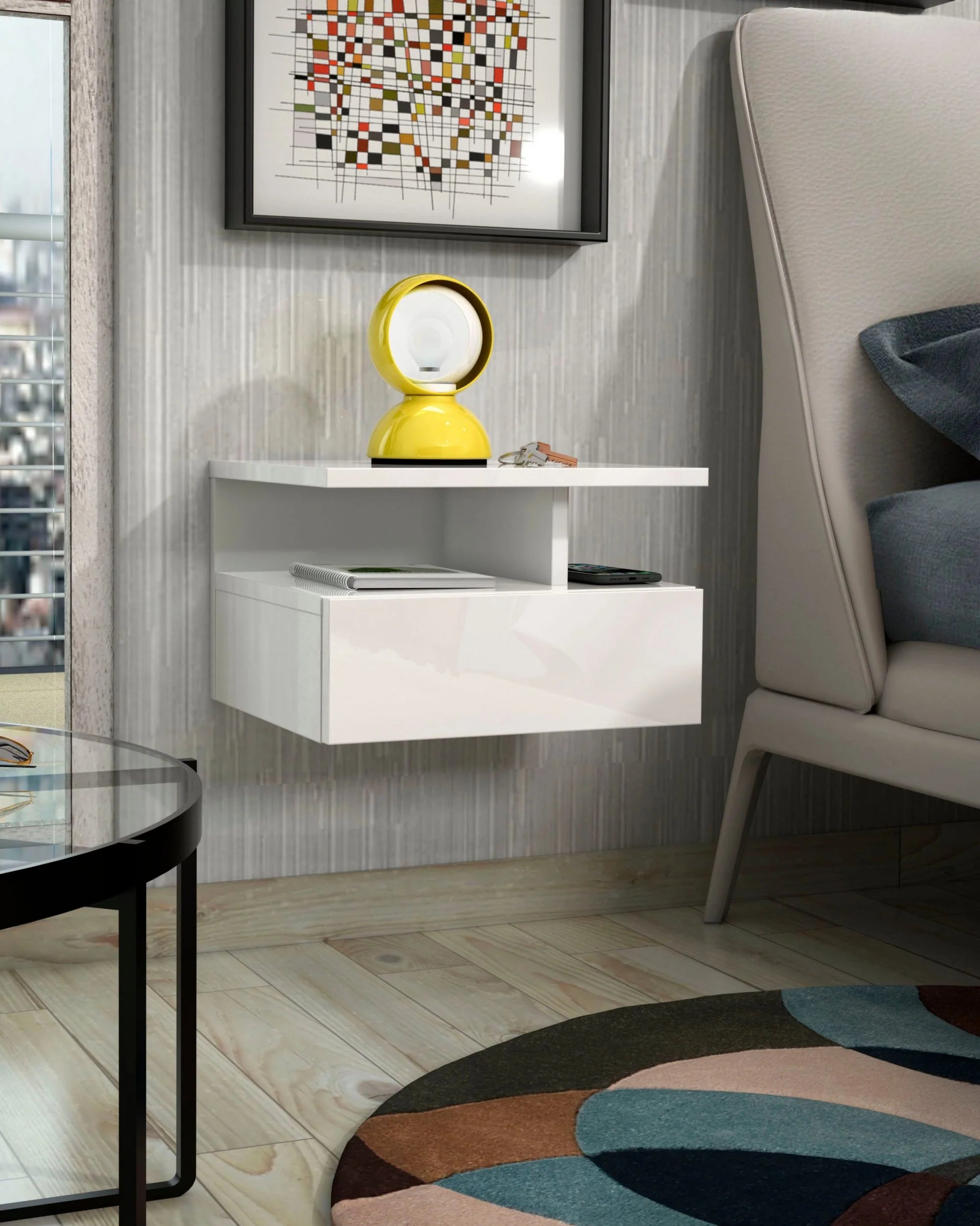 Mesita de noche suspendida Roma blanco brillante, con diseño minimalista de 35,5 cm de ancho
