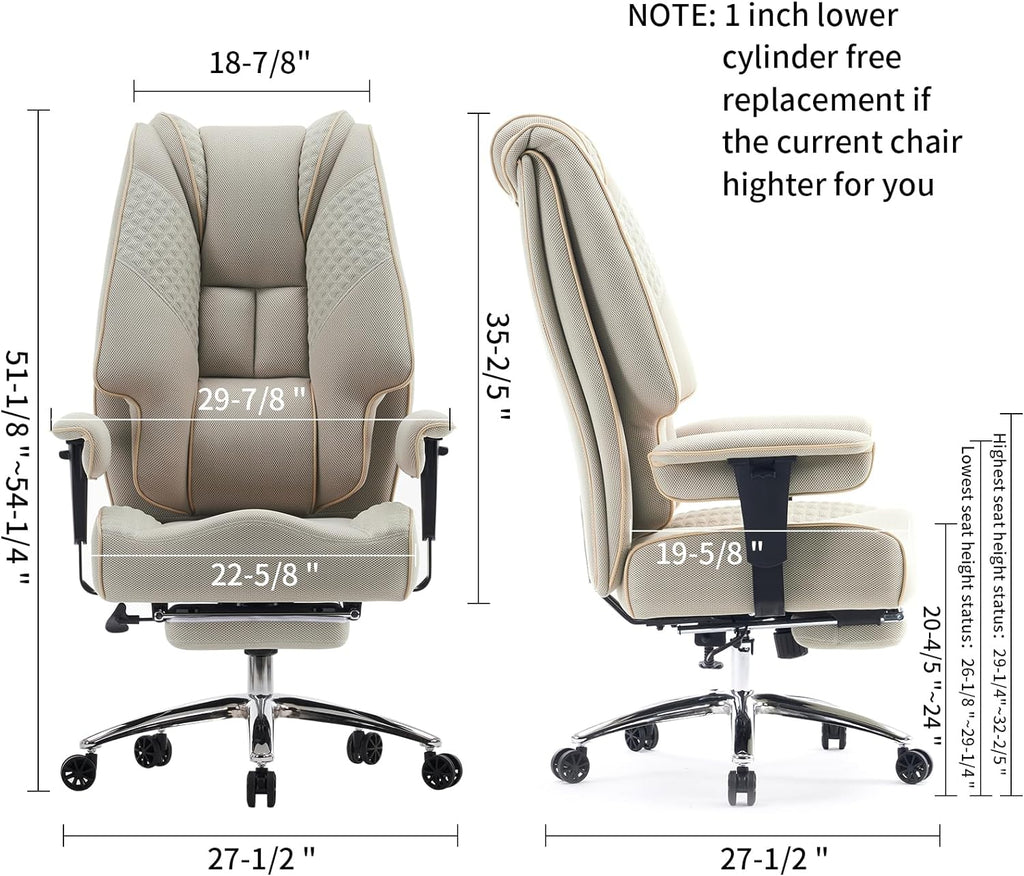 Silla de Oficina Alta y Ancha para 400 lbs, Silla Ejecutiva de Cuero con Respaldo Alto y Reposapiés, Silla Ergonómica con Soporte Lumbar para Aliviar el Dolor de Espalda Baja (Beige)