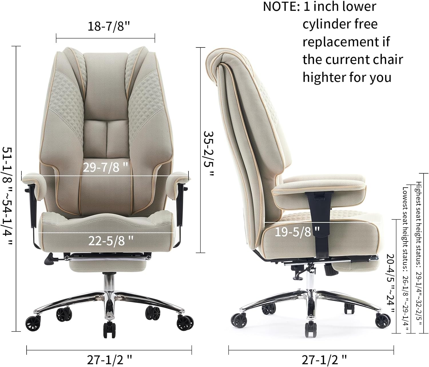 Silla de Oficina Alta y Ancha para 400 lbs, Silla Ejecutiva de Cuero con Respaldo Alto y Reposapiés, Silla Ergonómica con Soporte Lumbar para Aliviar el Dolor de Espalda Baja (Beige)