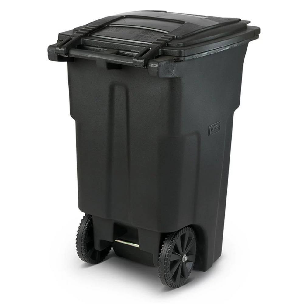 2025 Contenedor de basura exterior Toter de 64 galones con ruedas y tapa fija – Negro