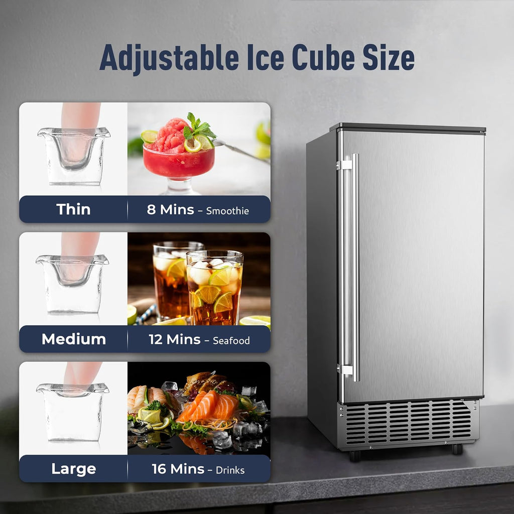 Máquina de Hielo Comercial Bajo Mostrador, 80 lbs/día con 24 lbs de Almacenamiento de Hielo, Bomba de Drenaje Integrada/Limpieza Automática/Ajuste de Temporizador/Pantalla LCD Inteligente, Ideal para Uso Doméstico y Comercial