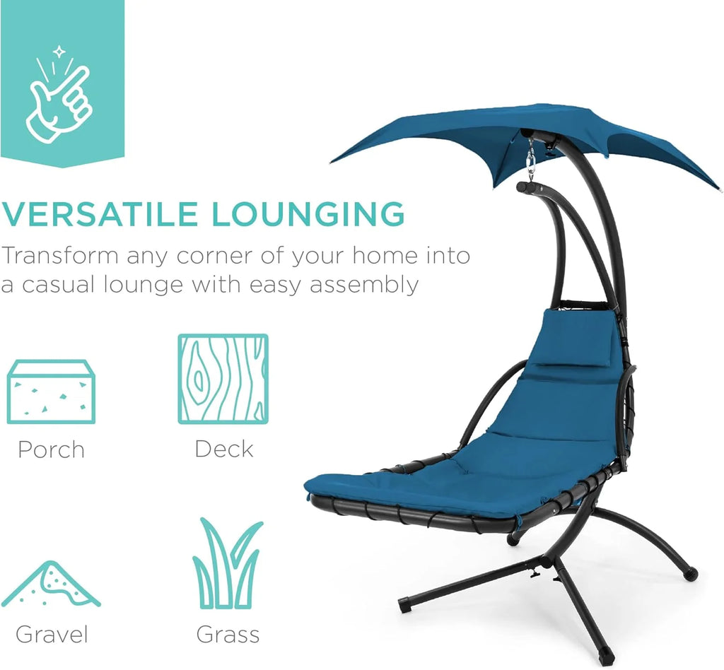Chaise Longue Suspendue de Exterior Best Choice Products – Silla Balancín Curvada de Acero con Cojín Integrado y Toldo Desmontable – Gris Carbón