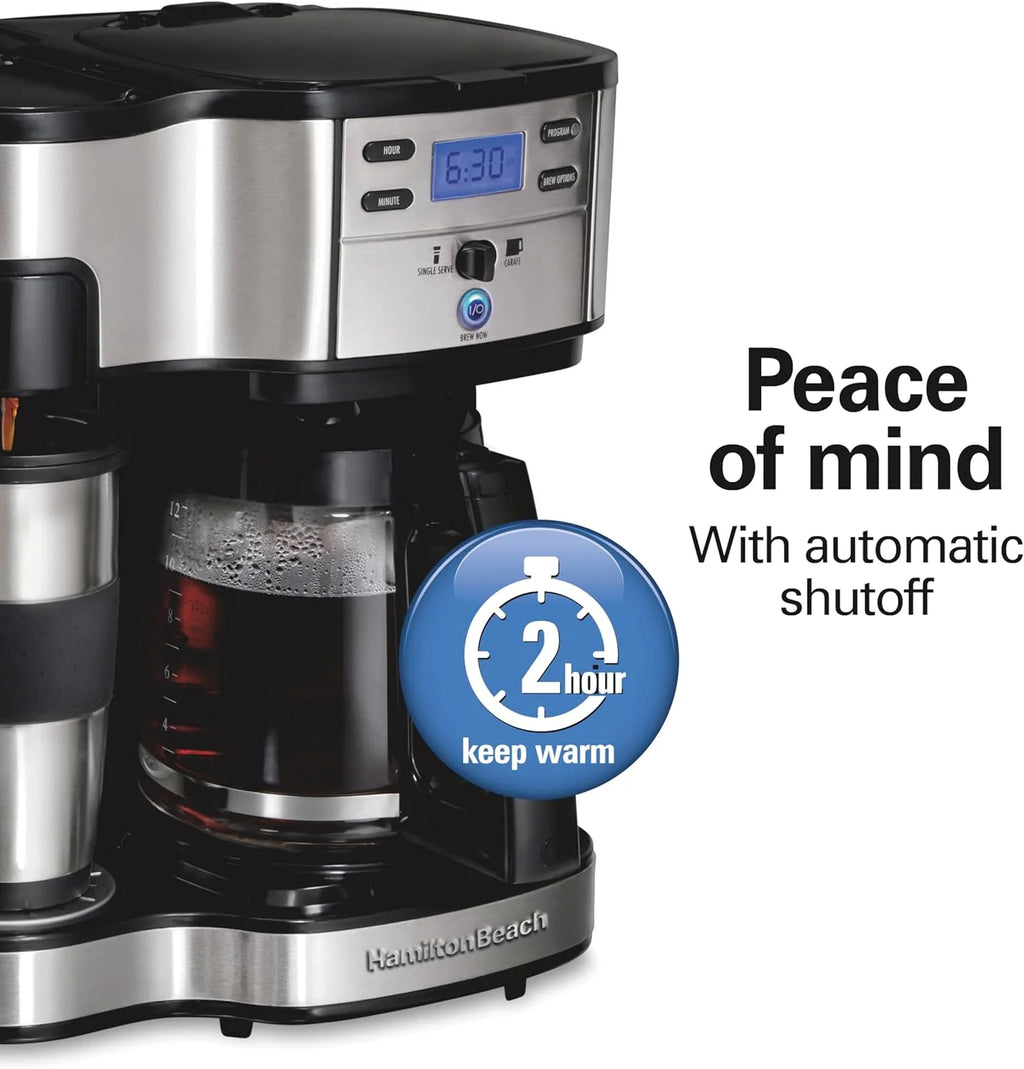 2025 Cafetera de goteo programable 2 en 1 Hamilton Beach, 12 tazas, jarra de vidrio, función pausa y sirve automática, color negro (49980R)