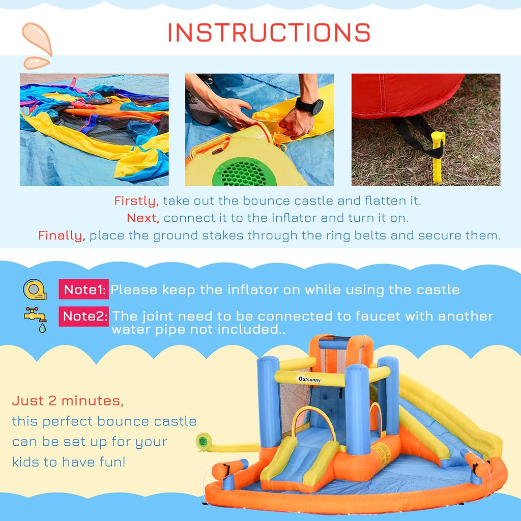 Tobogán de Agua Inflable para Niños 5 en 1 con Castillos Inflables, Piscina de Agua, Tobogán, Paredes para Escalar y 2 Cáñones de Agua, Soplador de Aire de 450W