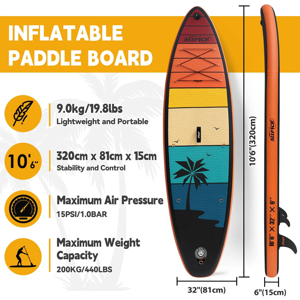 2025 Tabla de paddle surf inflable ALLPICK Premium, SUP con soporte universal para cámara, accesorios completos, remo ajustable, para principiantes y avanzados, capacidad 150kg/180kg, color Naranja Atardecer