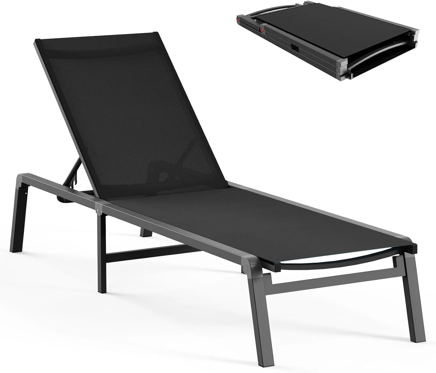 Tumbona de Aluminio para Exterior – Silla de Jardín Plegable sin Montaje, con Respaldo Ajustable en 5 Posiciones, para Terraza, Piscina, Playa – Negra