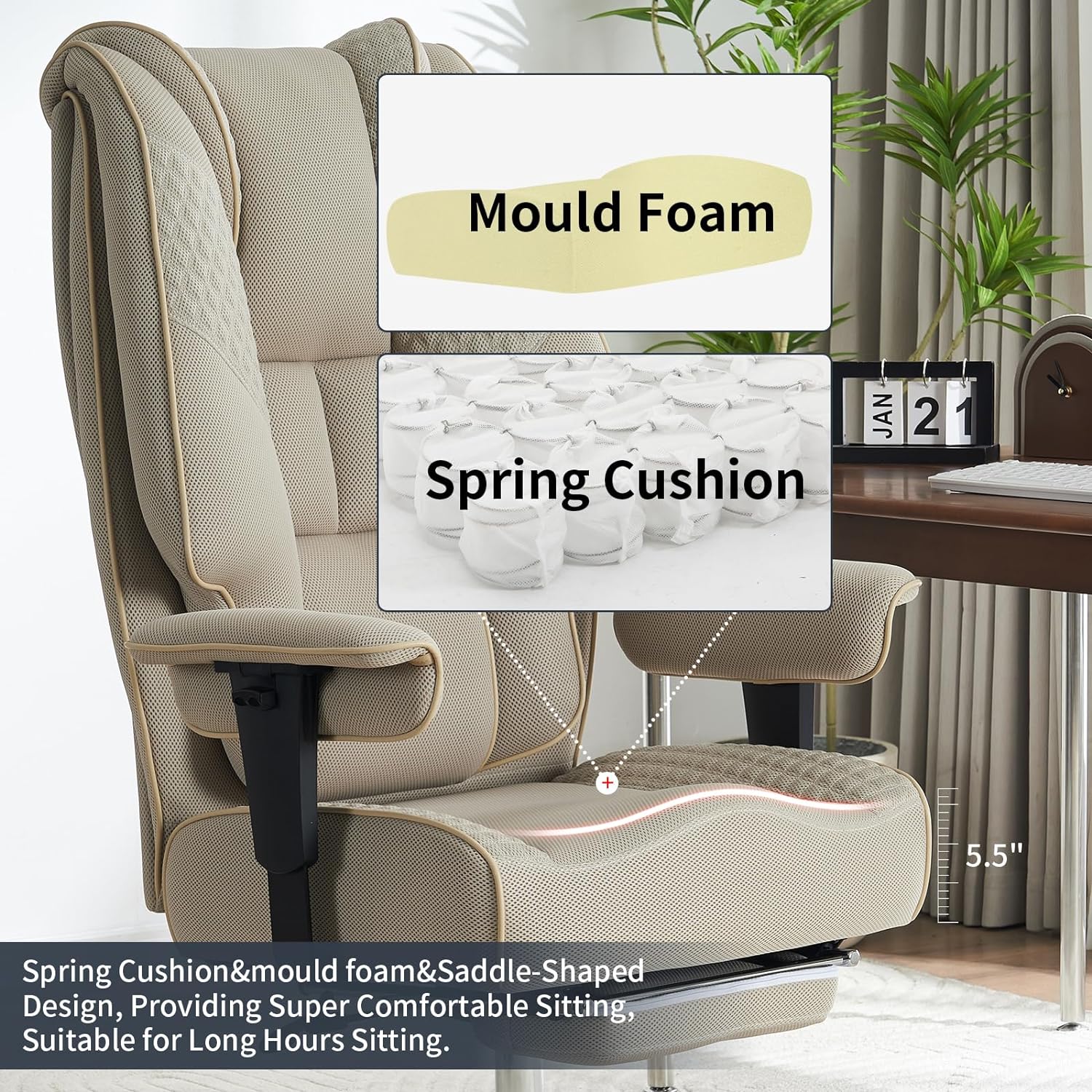 Silla de Oficina Alta y Ancha para 400 lbs, Silla Ejecutiva de Cuero con Respaldo Alto y Reposapiés, Silla Ergonómica con Soporte Lumbar para Aliviar el Dolor de Espalda Baja (Beige)