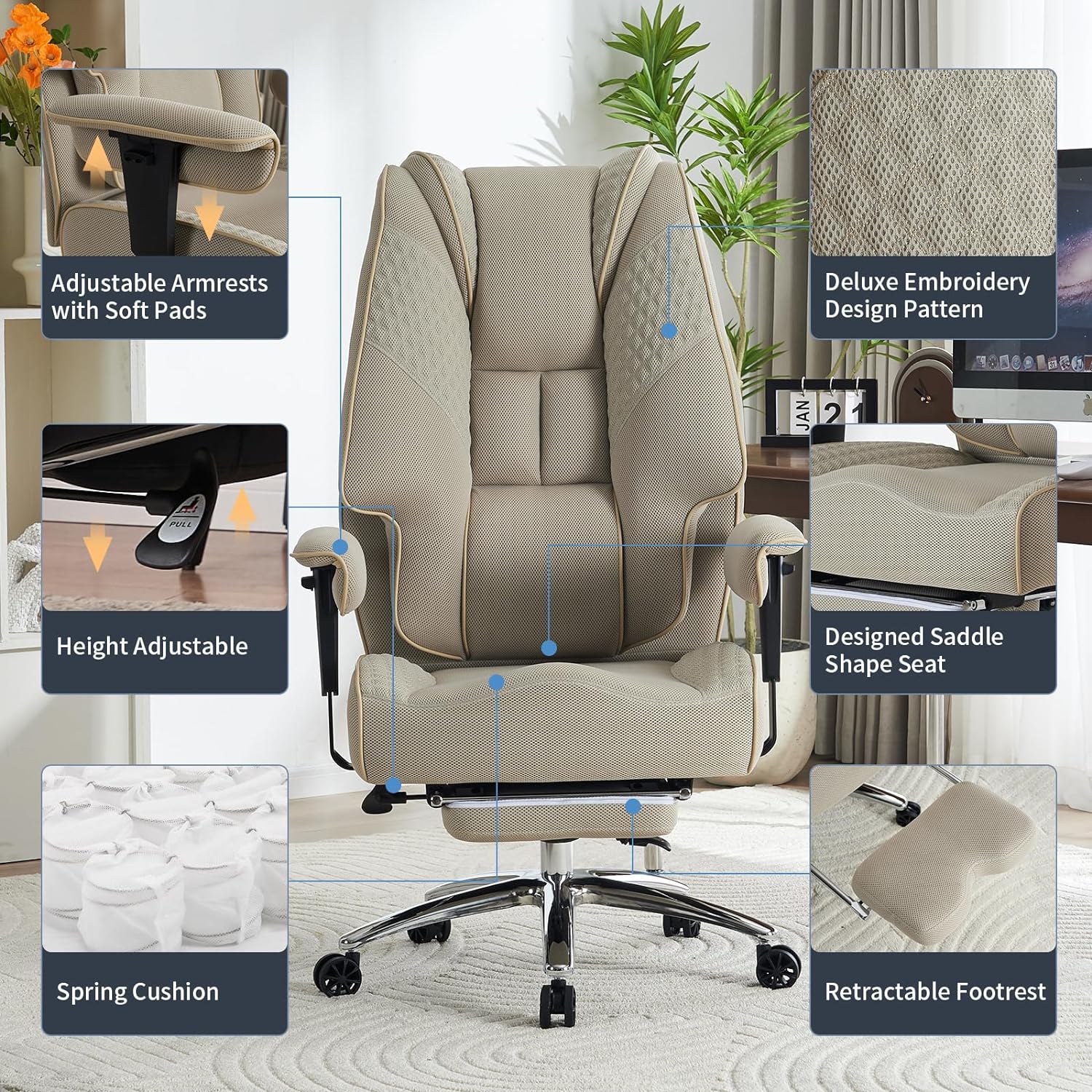 Silla de Oficina Alta y Ancha para 400 lbs, Silla Ejecutiva de Cuero con Respaldo Alto y Reposapiés, Silla Ergonómica con Soporte Lumbar para Aliviar el Dolor de Espalda Baja (Beige)