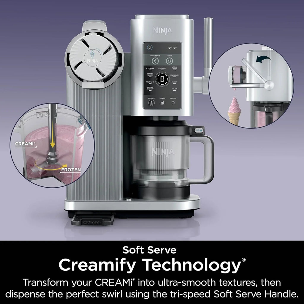 2025 Máquina de helados y crema suave Ninja Swirl by CREAMi, sorbetes, batidos, yogur helado, programa bajo en calorías y más, 13 en 1, con palanca de crema suave, (2) recipientes CREAMi Swirl de 16 oz, para niños y todas las edades, modelo NC701