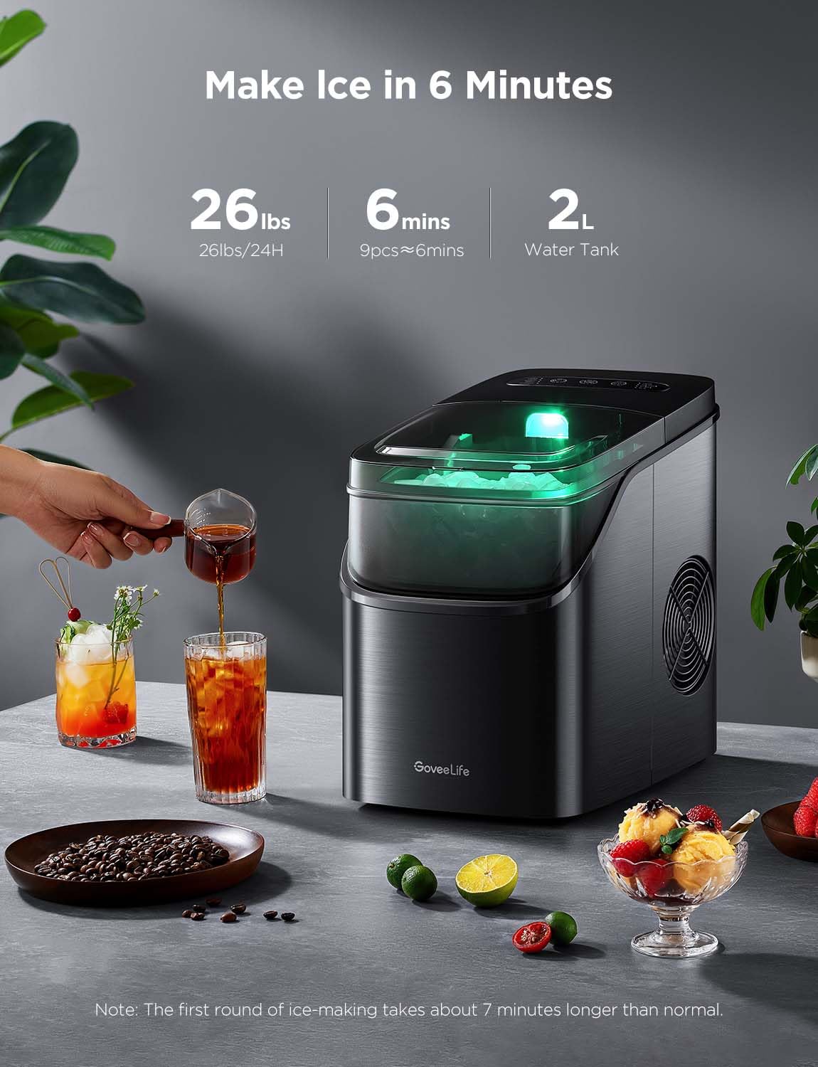 2025 GoveeLife Máquina de Hielo Inteligente con Control por Voz – 9 Cubos en 6 Minutos, 3 Tamaños, 12 kg/24h, Autolimpiante, Iluminación RGB, Silenciosa, con Pala – Negra