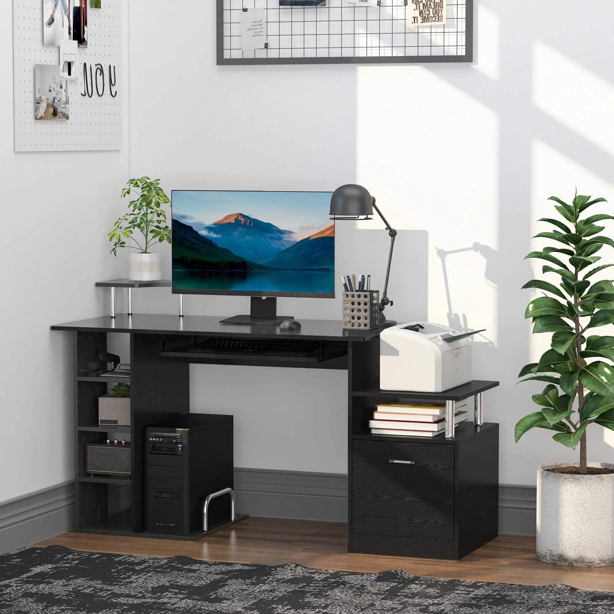 Estación de Trabajo para Ordenador con Cajón y Estanterías, Soporte para CPU, Escritorio para Oficina en Casa, Negro