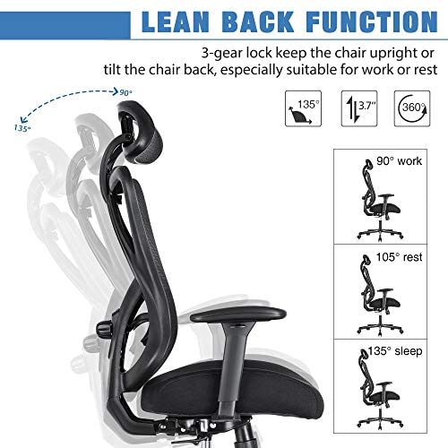 2025 Silla de Oficina Ergonómica SUNNOW, Silla de Escritorio de Malla, Silla Ejecutiva de Respaldo Alto