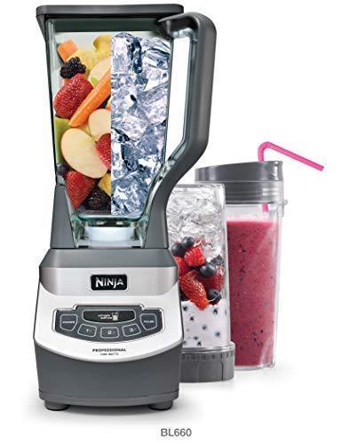 Licuadora Profesional Ninja de Mostrador con Base de 1100 Vatios, Vaso Triturador de 72 oz y (2) Vasos de 16 oz para Bebidas Congeladas y Batidos (BL660), Color Gris