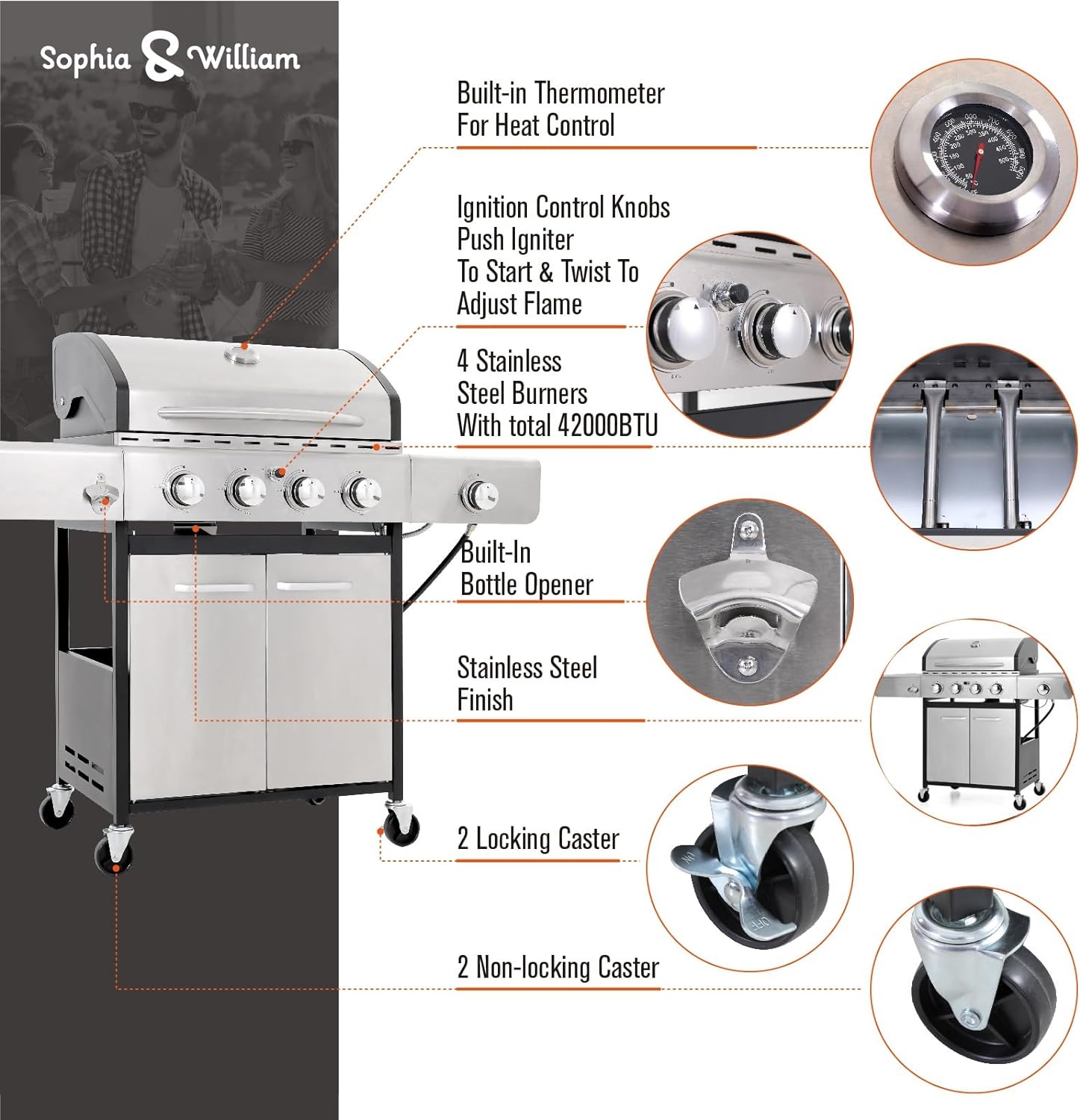 2025 Parrilla a Gas con Quemador Lateral y Parrilla de Hierro Fundido Esmalte Porcelánico 42,000 BTU, Parrilla Portátil de Acero Inoxidable, Propano