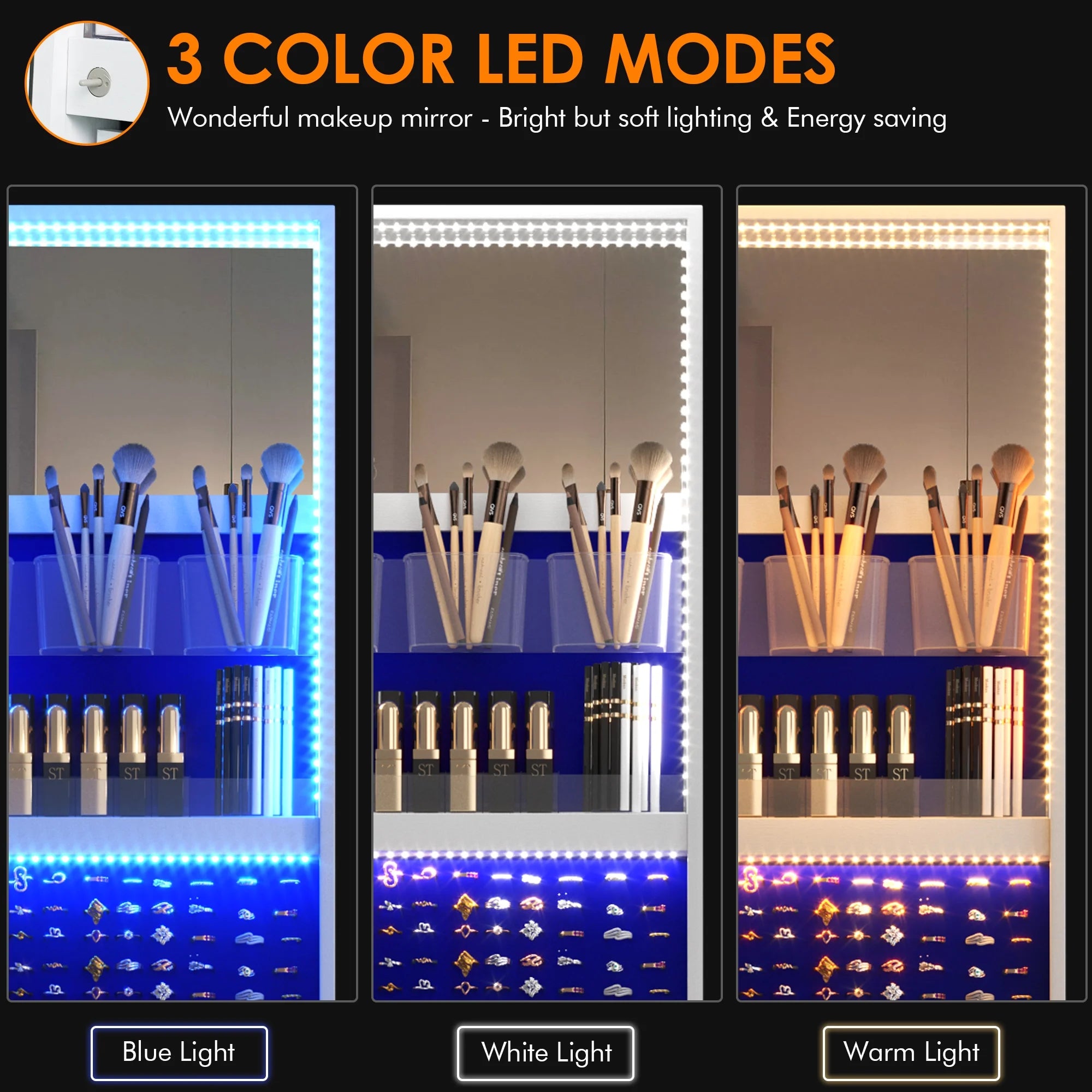 Joyero giratorio LVSOMT con luz LED y espejo de cuerpo entero: almacenamiento elegante de 360°