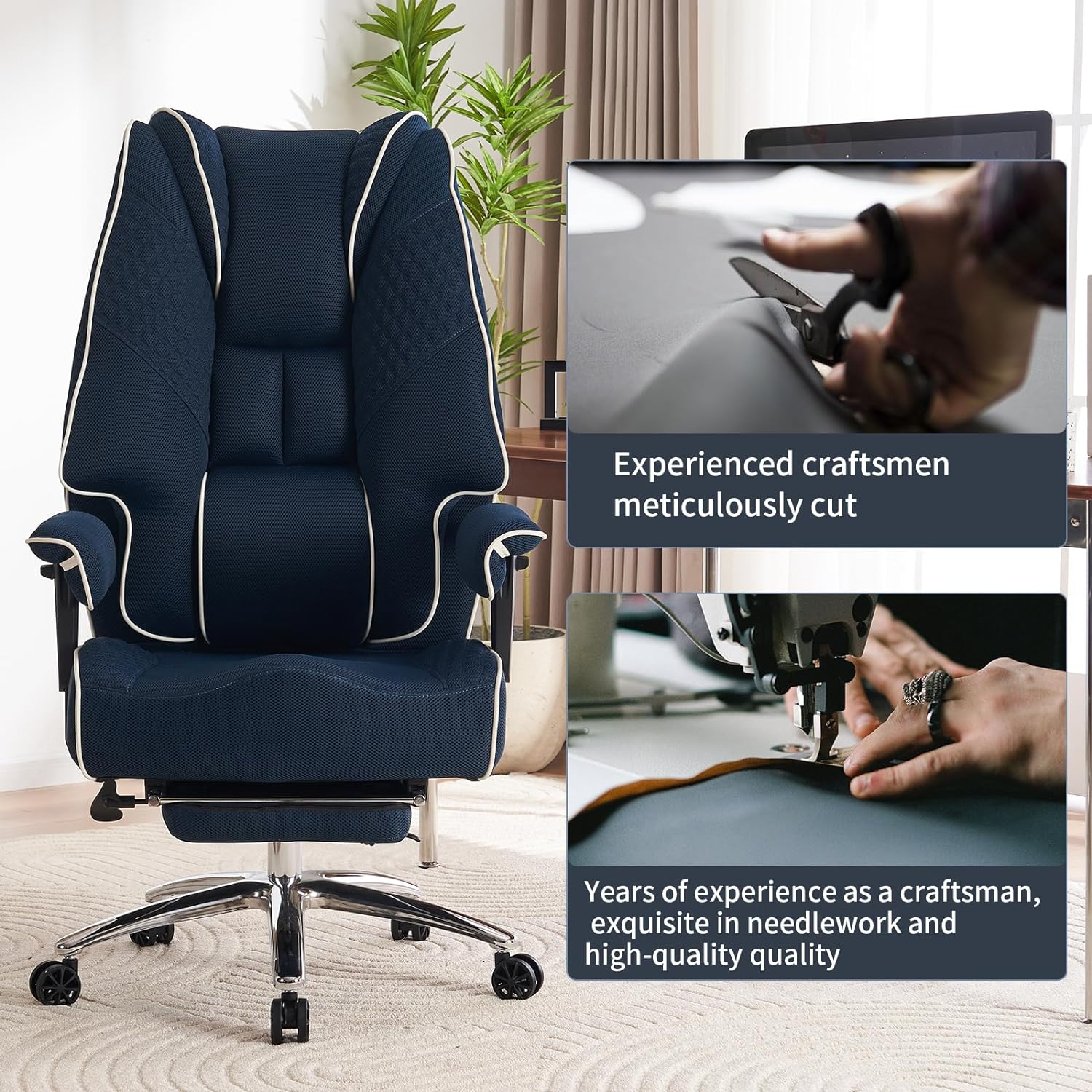 Silla de Oficina Alta y Ancha para 400 lbs, Silla Ejecutiva de Cuero con Respaldo Alto y Reposapiés, Silla Ergonómica con Soporte Lumbar para Aliviar el Dolor de Espalda Baja (Beige)
