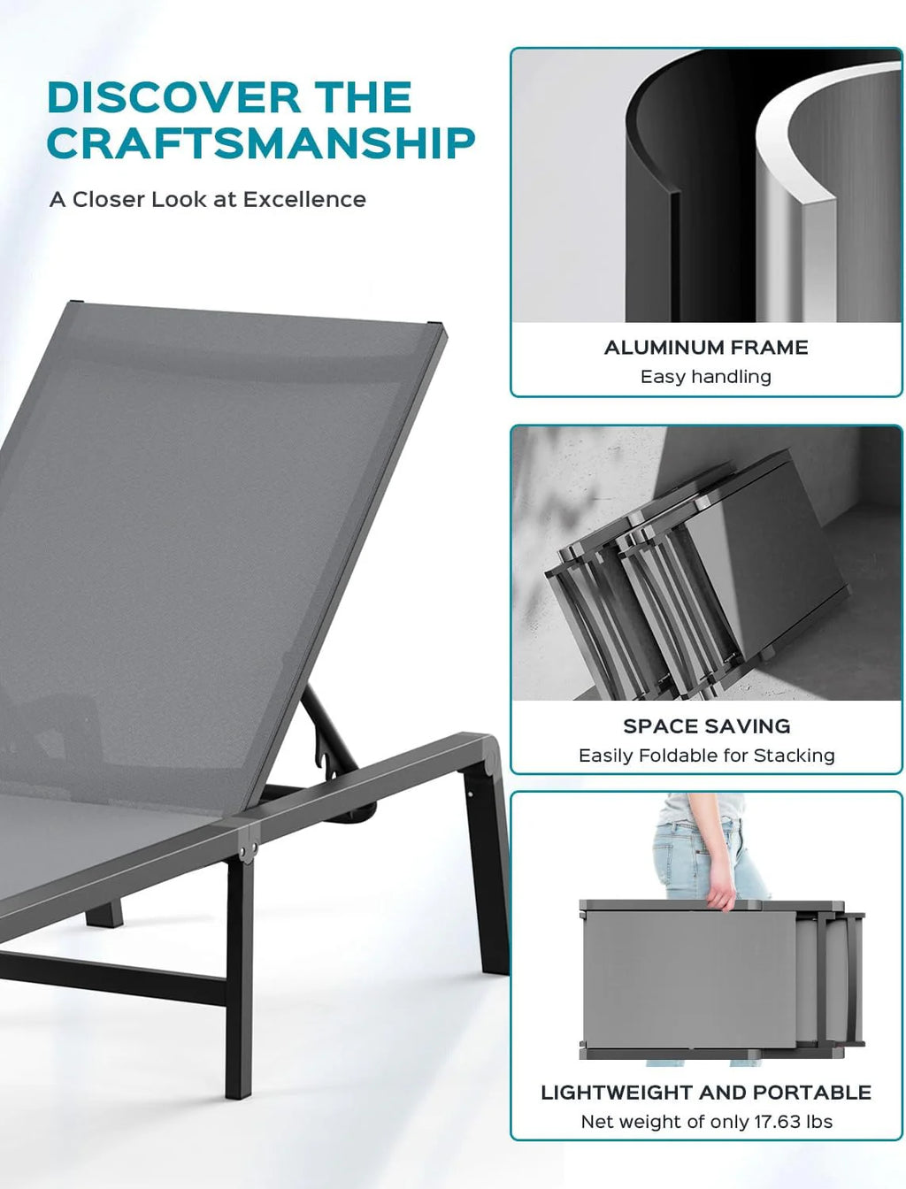 Tumbona de Aluminio para Exterior – Silla de Jardín Plegable sin Montaje, con Respaldo Ajustable en 5 Posiciones, para Terraza, Piscina, Playa – Negra