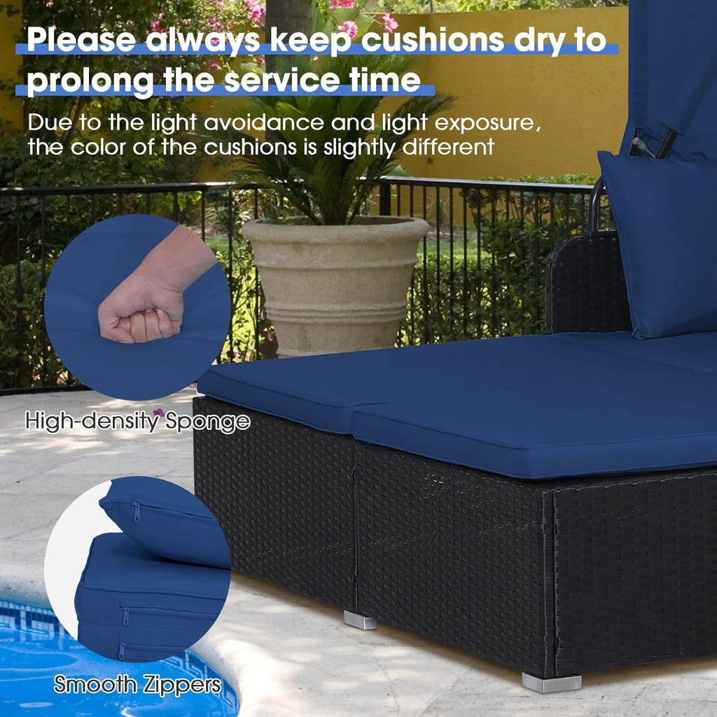 RELAX4LIFE Cama de Jardín Exterior con Dosel, Tumbona de Resina Trenzada con Cojines, 4 Almohadas y 2 Bandejas Laterales Retráctiles, Cama Lounge para 2 Personas para Piscina, Porche, Jardín, Cama de Exterior de Ratán (Turquesa)