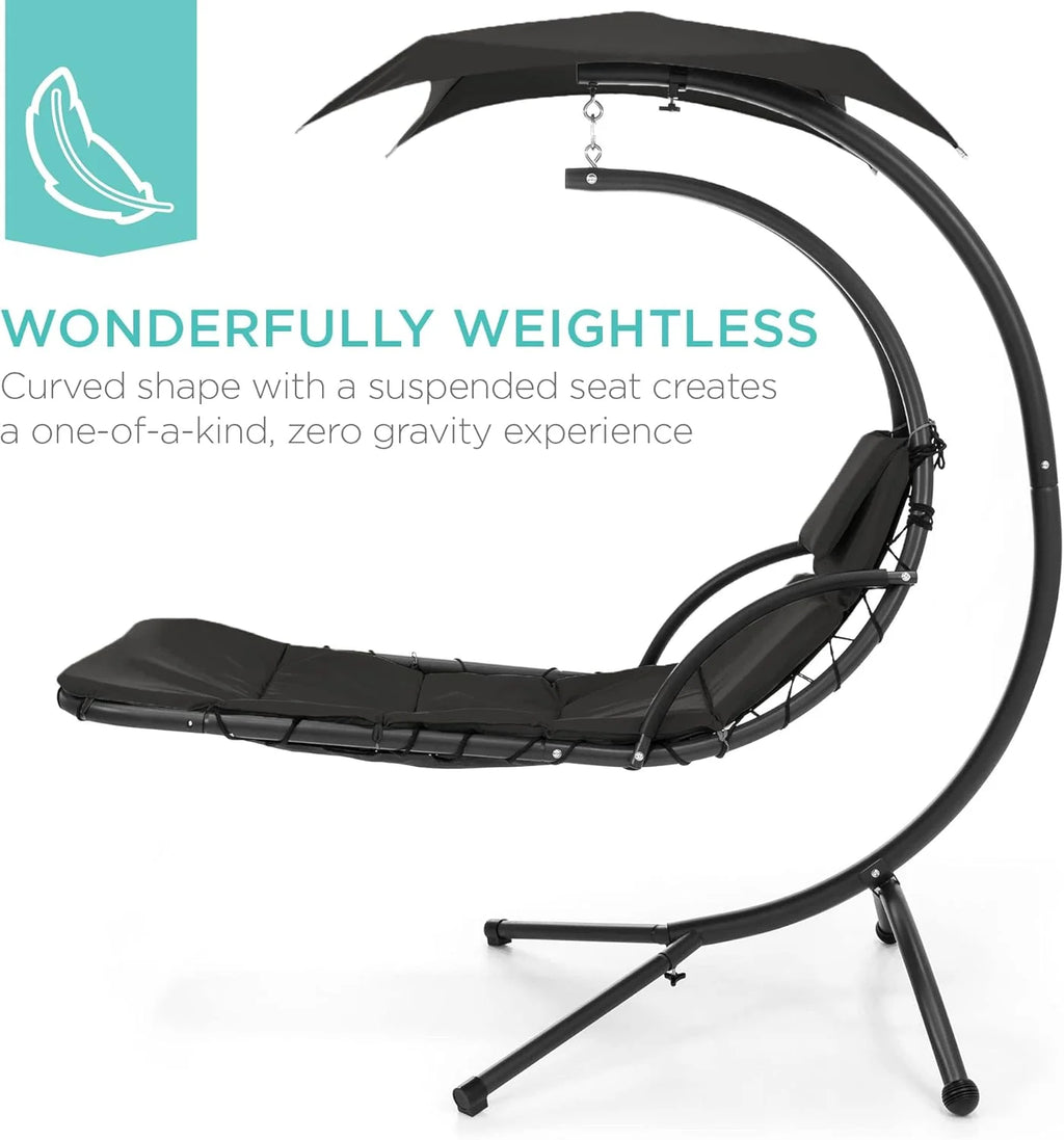 Chaise Longue Suspendue de Exterior Best Choice Products – Silla Balancín Curvada de Acero con Cojín Integrado y Toldo Desmontable – Gris Carbón