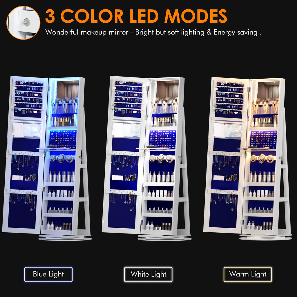 Joyero giratorio LVSOMT con luz LED y espejo de cuerpo entero: almacenamiento elegante de 360°