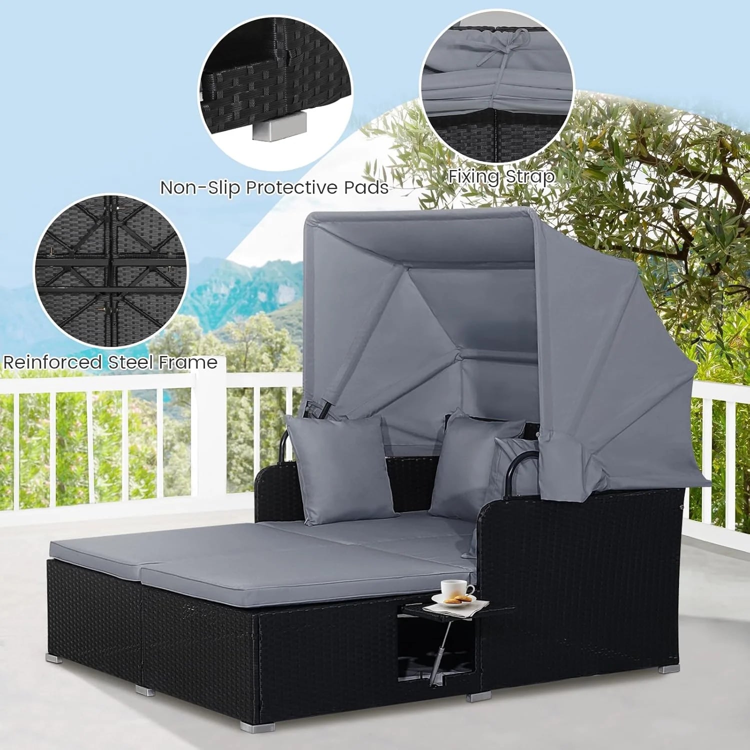 RELAX4LIFE Cama de Jardín Exterior con Dosel, Tumbona de Resina Trenzada con Cojines, 4 Almohadas y 2 Bandejas Laterales Retráctiles, Cama Lounge para 2 Personas para Piscina, Porche, Jardín, Cama de Exterior de Ratán (Turquesa)