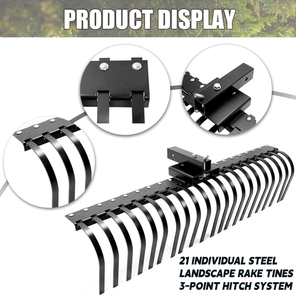 Rastrillo Paisajístico Kojem de 60 Pulgadas para ATV, UTV, SxS, Limpieza de Jardín, Patio y Playa con Barra de Herramienta de 48" o 60" y Sistema de Enganche de 3 Puntos
