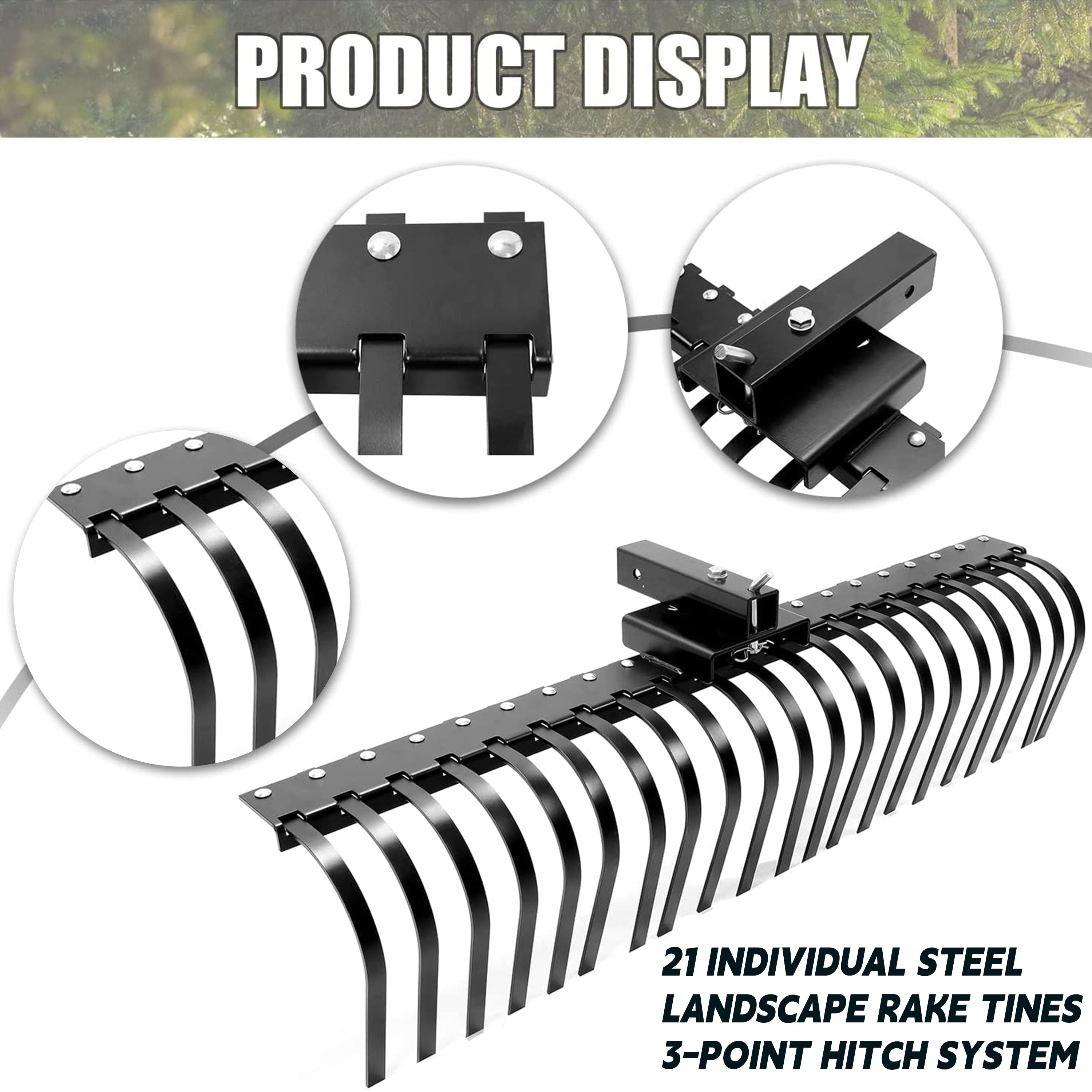 Rastrillo Paisajístico Kojem de 60 Pulgadas para ATV, UTV, SxS, Limpieza de Jardín, Patio y Playa con Barra de Herramienta de 48" o 60" y Sistema de Enganche de 3 Puntos