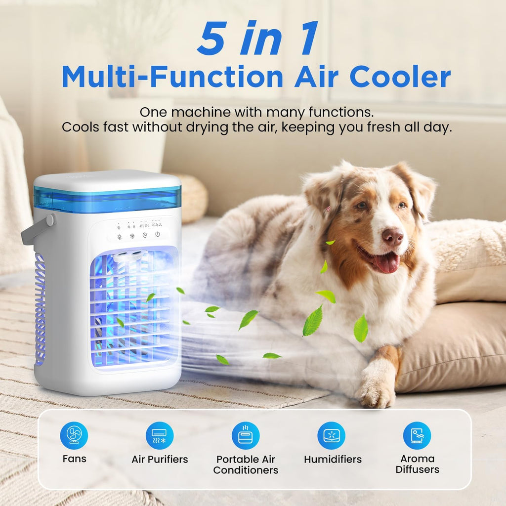 AIMIUVEI Mini Aire Acondicionado Portátil, Enfriador de Aire 5 en 1, Ventilador con Tanque de 1000 ml, 3 Velocidades, 2 Modos de Nebulización, Temporizador de 2-4 horas, Ventilador Refrigerador con 7 Luces LED para Dormitorio y Oficina