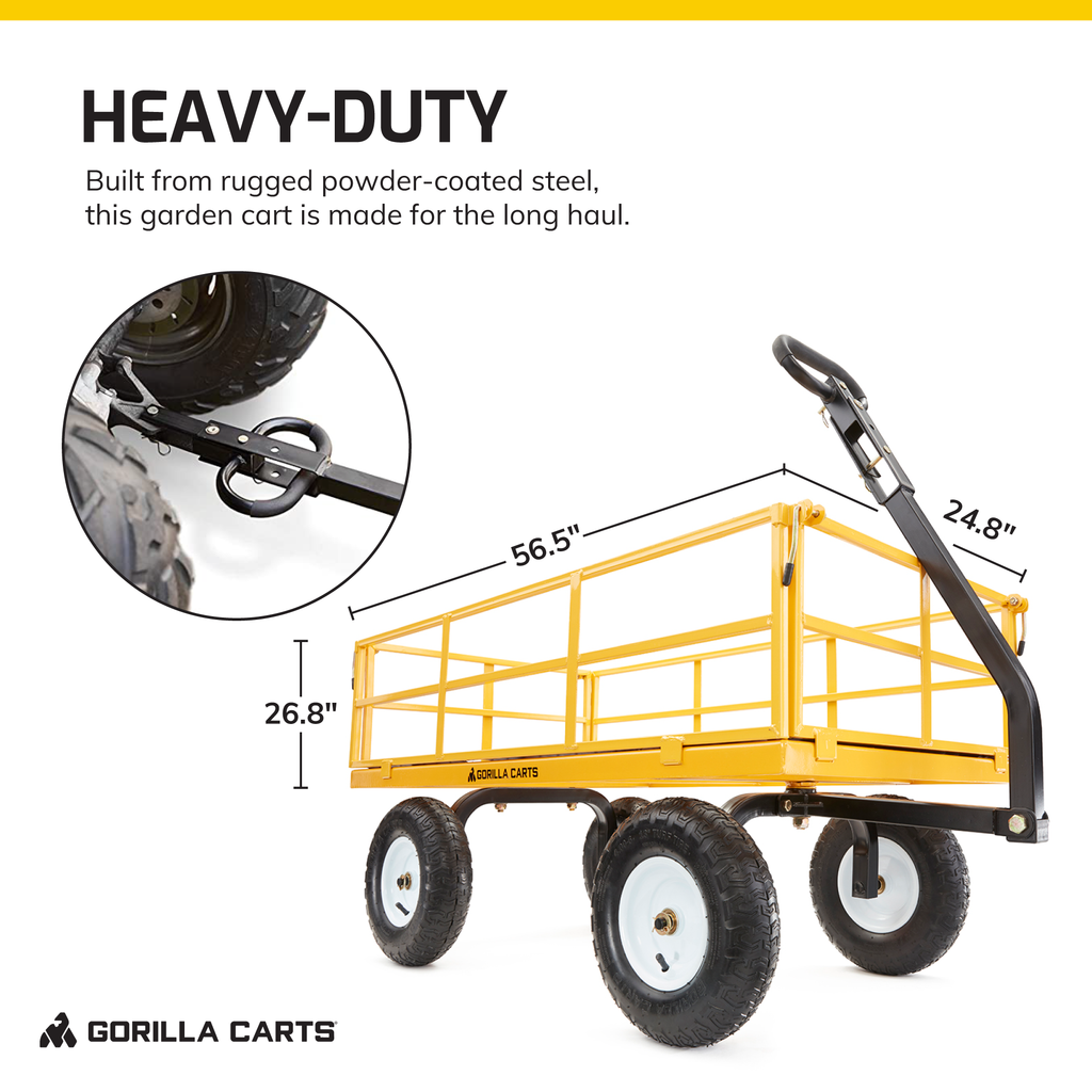 Carretilla utilitaria de acero Gorilla Carts con capacidad de 1200 libras y paneles laterales desmontables