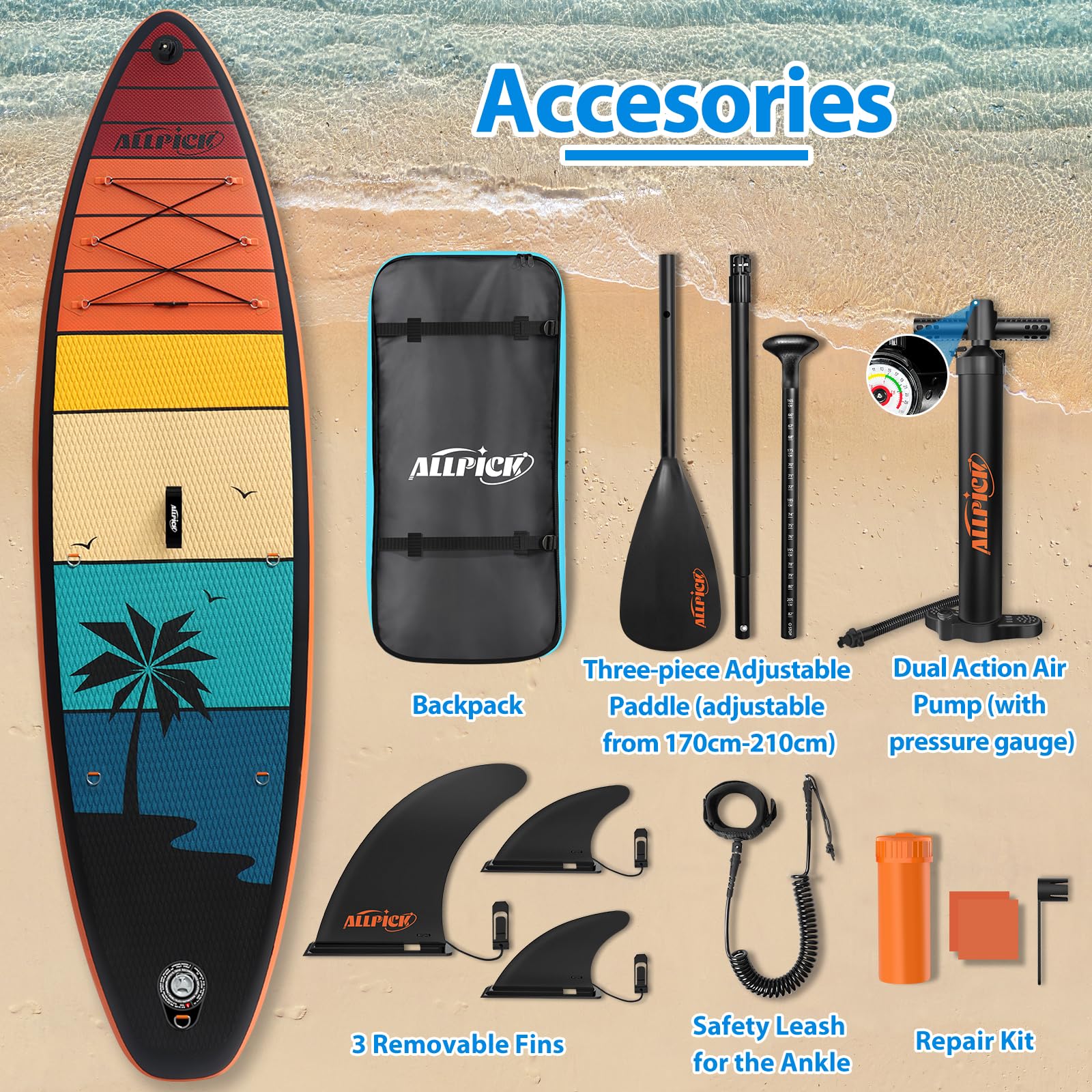 2025 Tabla de paddle surf inflable ALLPICK Premium, SUP con soporte universal para cámara, accesorios completos, remo ajustable, para principiantes y avanzados, capacidad 150kg/180kg, color Naranja Atardecer