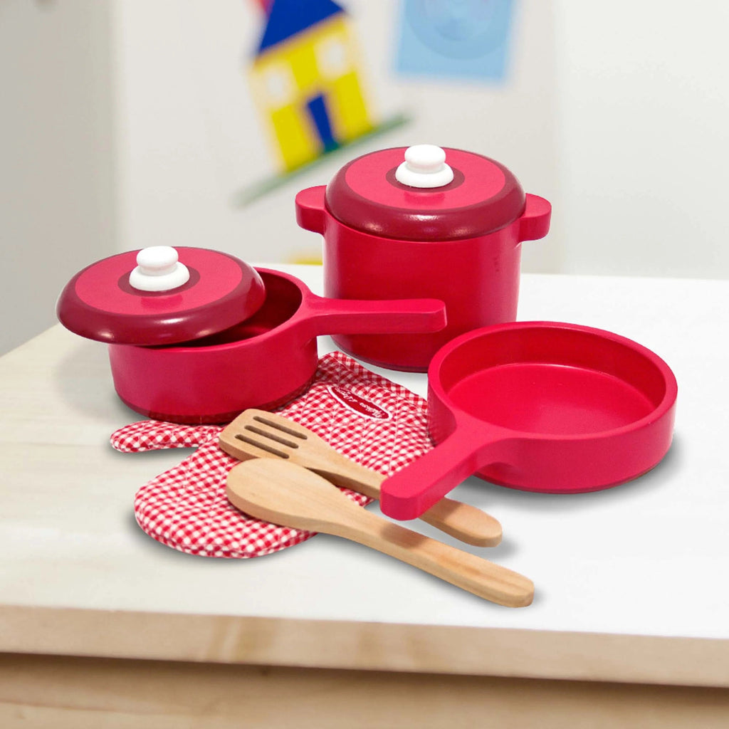 Melissa & Doug Set de Juego de Accesorios de Cocina de Madera Deluxe – Ollas y Sartenes (8 piezas)