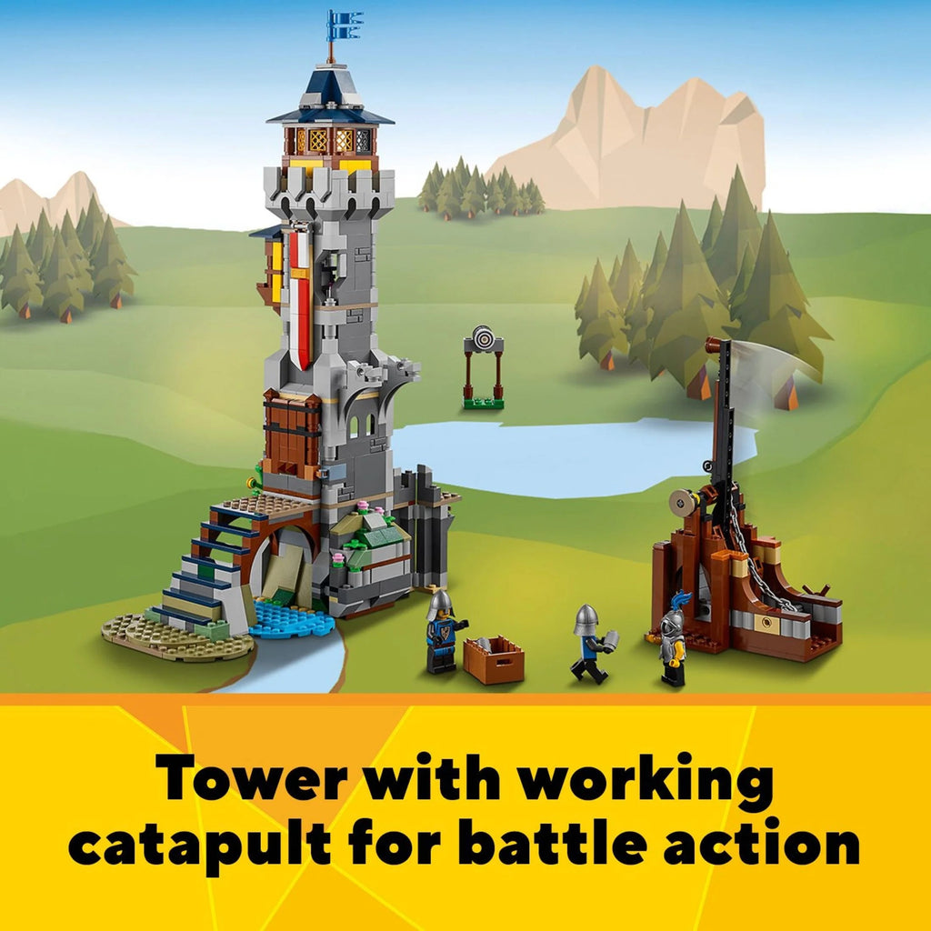 LEGO Creator 3 en 1 Castillo Medieval, se transforma de castillo a torre y a mercado, incluye figura de esqueleto y dragón, con 3 minifiguras y catapulta, 31120