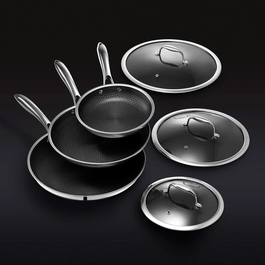 2025 Set de Sarténes Híbridas de Acero Inoxidable HexClad de 6 Piezas – 8", 10", 12" con Tapas de Vidrio, Talla Única, Negro