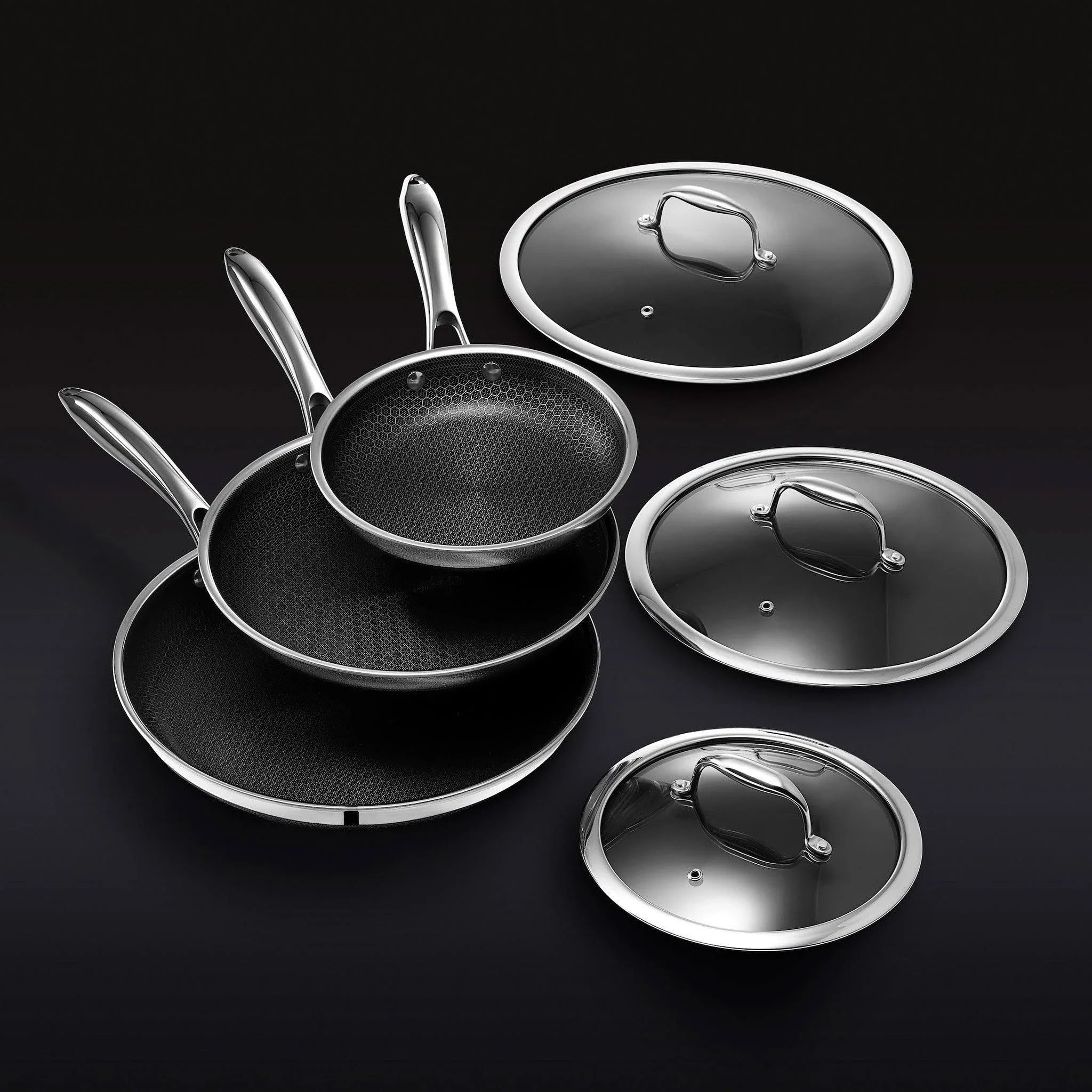 2025 Set de Sarténes Híbridas de Acero Inoxidable HexClad de 6 Piezas – 8", 10", 12" con Tapas de Vidrio, Talla Única, Negro
