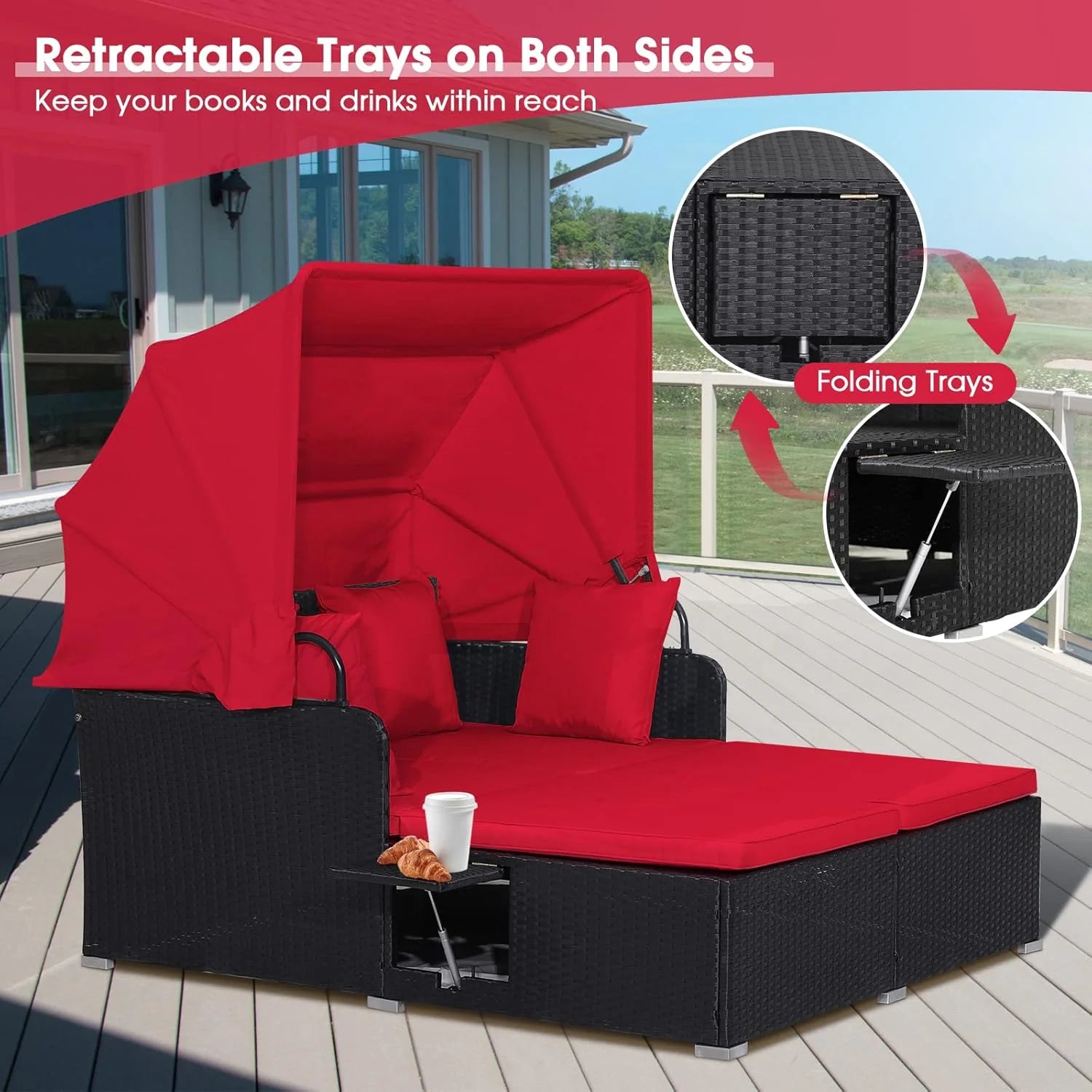 RELAX4LIFE Cama de Jardín Exterior con Dosel, Tumbona de Resina Trenzada con Cojines, 4 Almohadas y 2 Bandejas Laterales Retráctiles, Cama Lounge para 2 Personas para Piscina, Porche, Jardín, Cama de Exterior de Ratán (Turquesa)