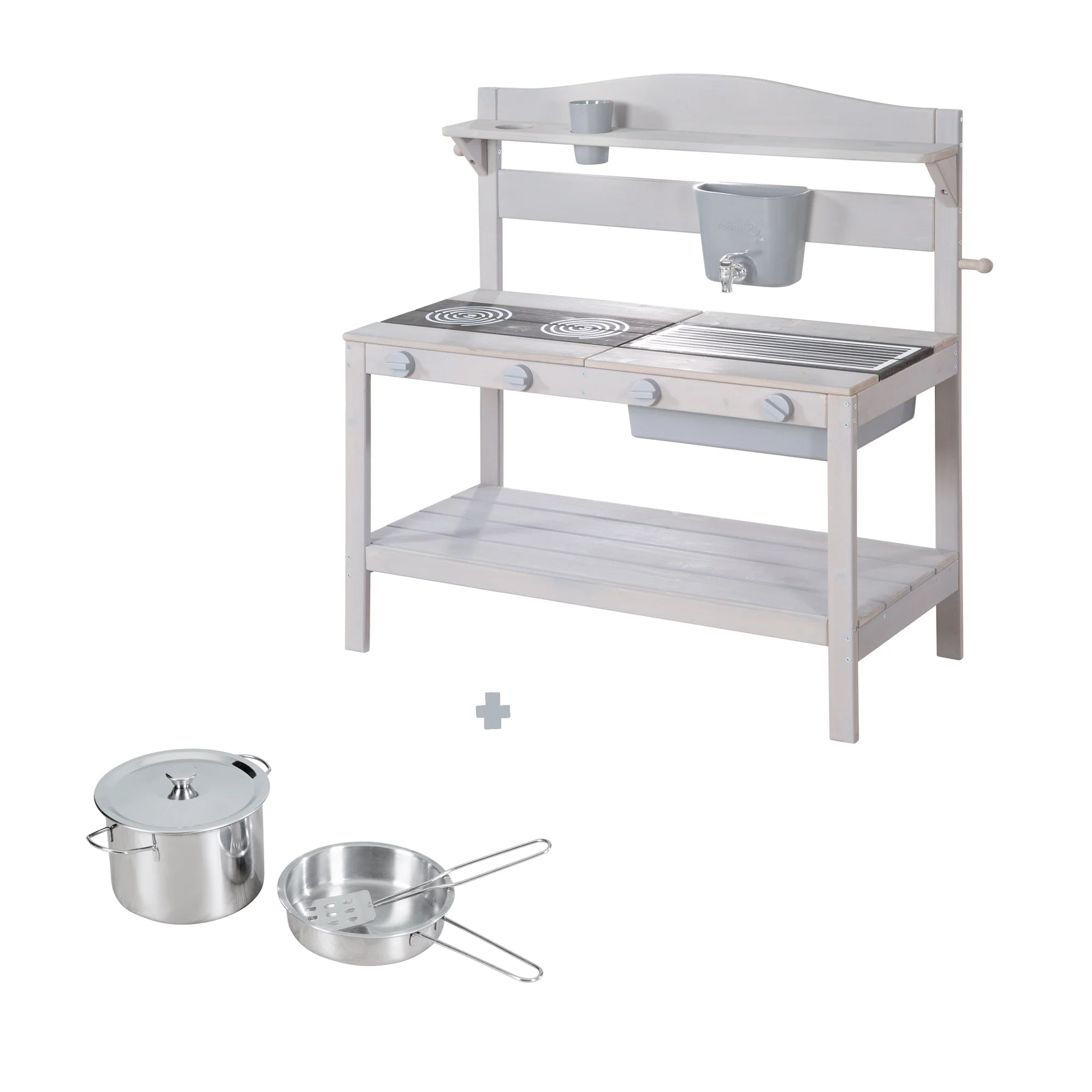 Cocina de barro para exteriores con accesorios - Madera certificada FSC - Acabado en gris grabado
