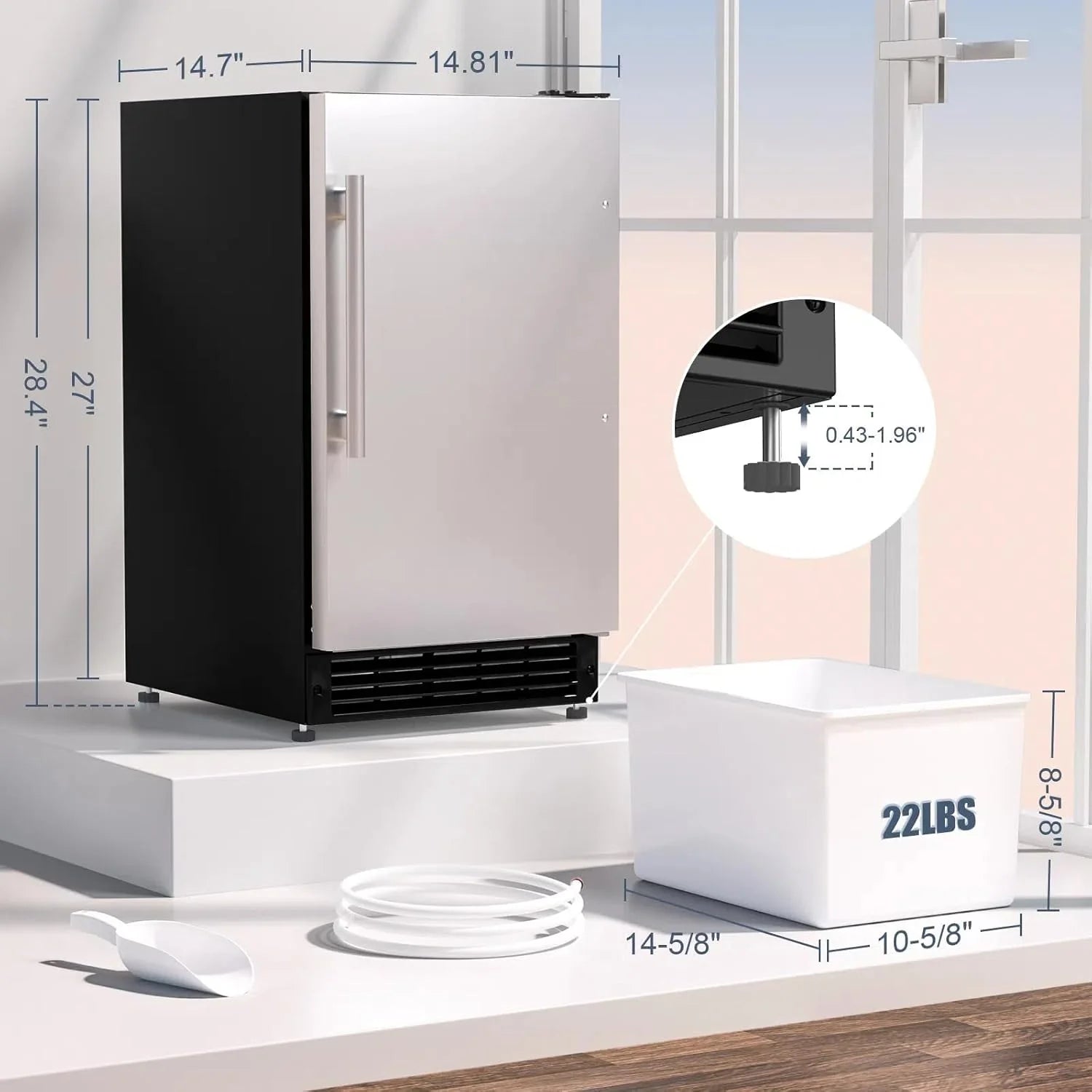 2025 COTLIN Máquina de Hielo Empotrable Sin Drenaje – Capacidad de 22 lb, Hielo en Forma de Media Luna, Acero Inoxidable, Uso Doméstico o Comercial, Certificada ETL