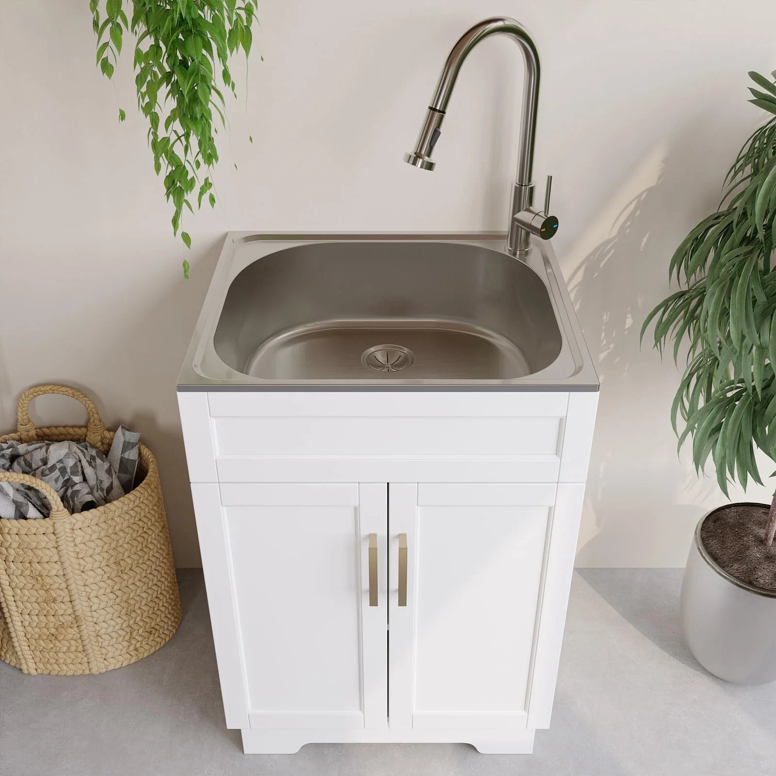 Mueble de Lavandería con Lavabo de Acero Inoxidable y Grifo Extraíble – 24 Pulgadas, Blanco – Ideal para Baño, Cocina, Lavadero o Exteriores