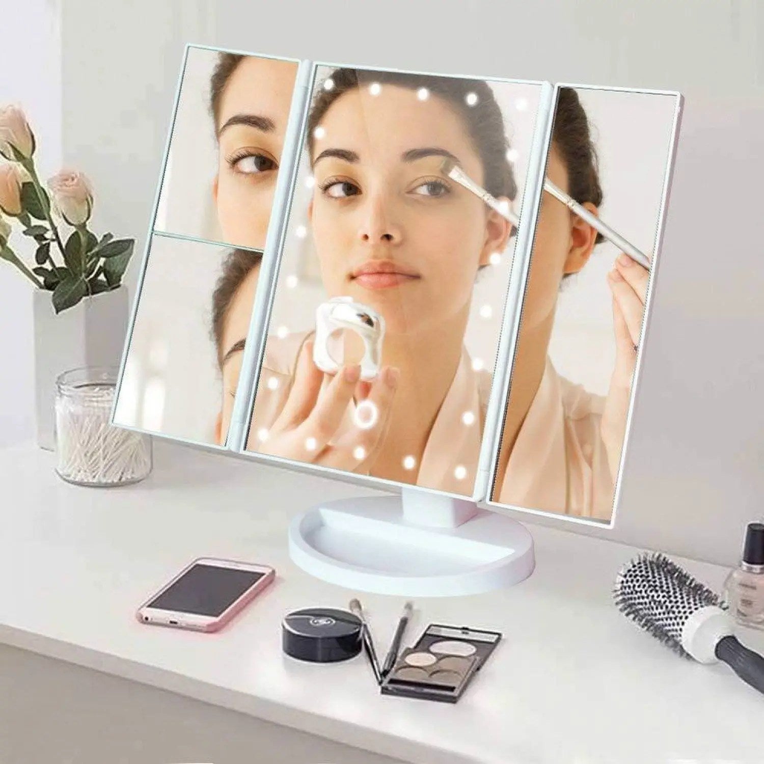 Espejo de Maquillaje Iluminado Espejo de Tocador Inteligente con Luces, 10X de Magnificación, Ajustable, 22 Luces LED