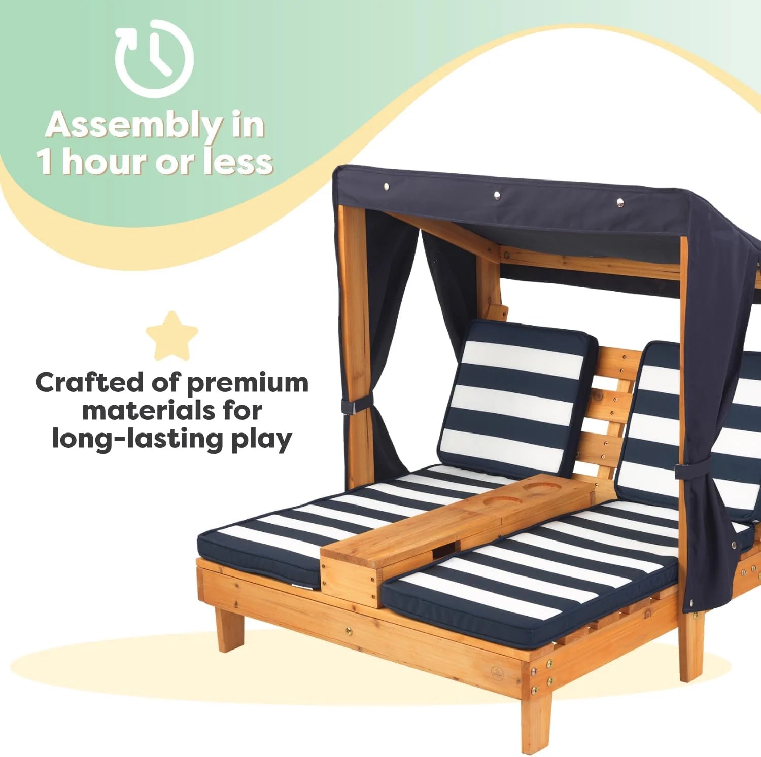 Tumbona Doble de Madera para Niños KidKraft con Porta Vasos, Muebles de Jardín para Niños, Color Miel con Tela a Rayas Azul Marino y Blanco, Regalo para Niños de 3 a 8 Años