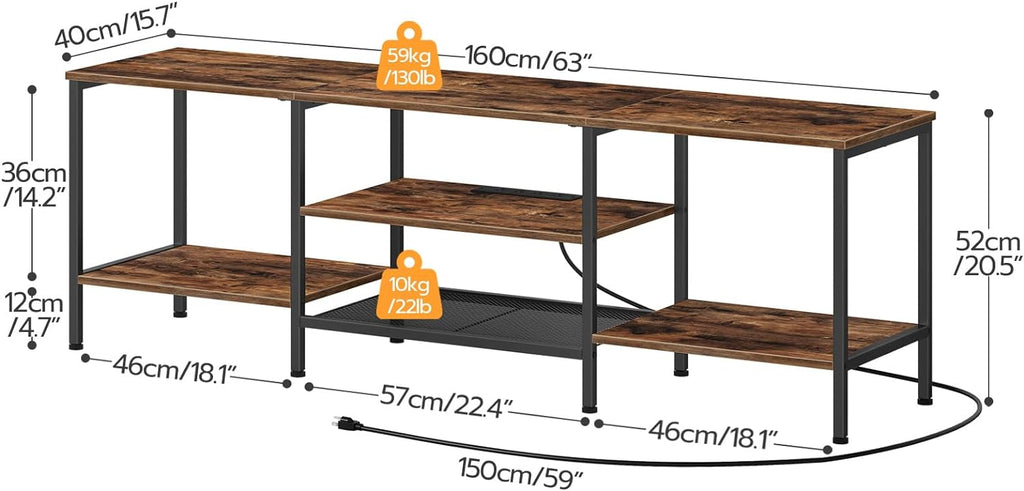 Mueble para TV con Enchufes Integrados para TVs de hasta 75 Pulgadas, Mesa Consola con Estantes Abiertos, Centro de Entretenimiento Industrial para Sala o Dormitorio, Color Marrón Rústico y Negro BF60DS01