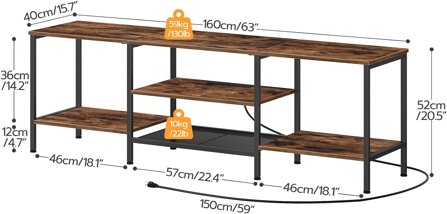 Mueble para TV con Enchufes Integrados para TVs de hasta 75 Pulgadas, Mesa Consola con Estantes Abiertos, Centro de Entretenimiento Industrial para Sala o Dormitorio, Color Marrón Rústico y Negro BF60DS01
