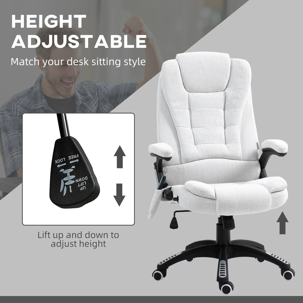 Silla de Oficina Ergonómica con Masaje de 6 Puntos y Calefacción en la Espalda, Tela Tipo Lino, Blanco Crema