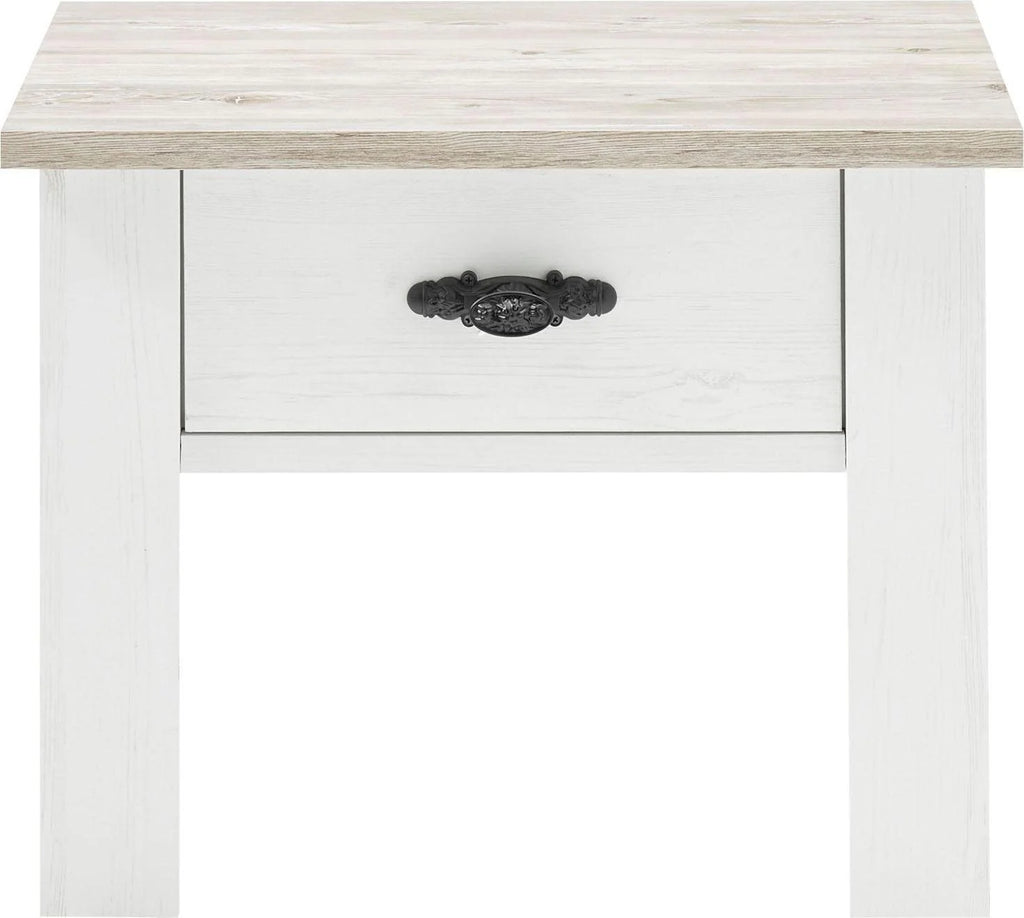 Mesita de noche Florenz blanca con aspecto de madera, 1 cajón, 58 cm de ancho
