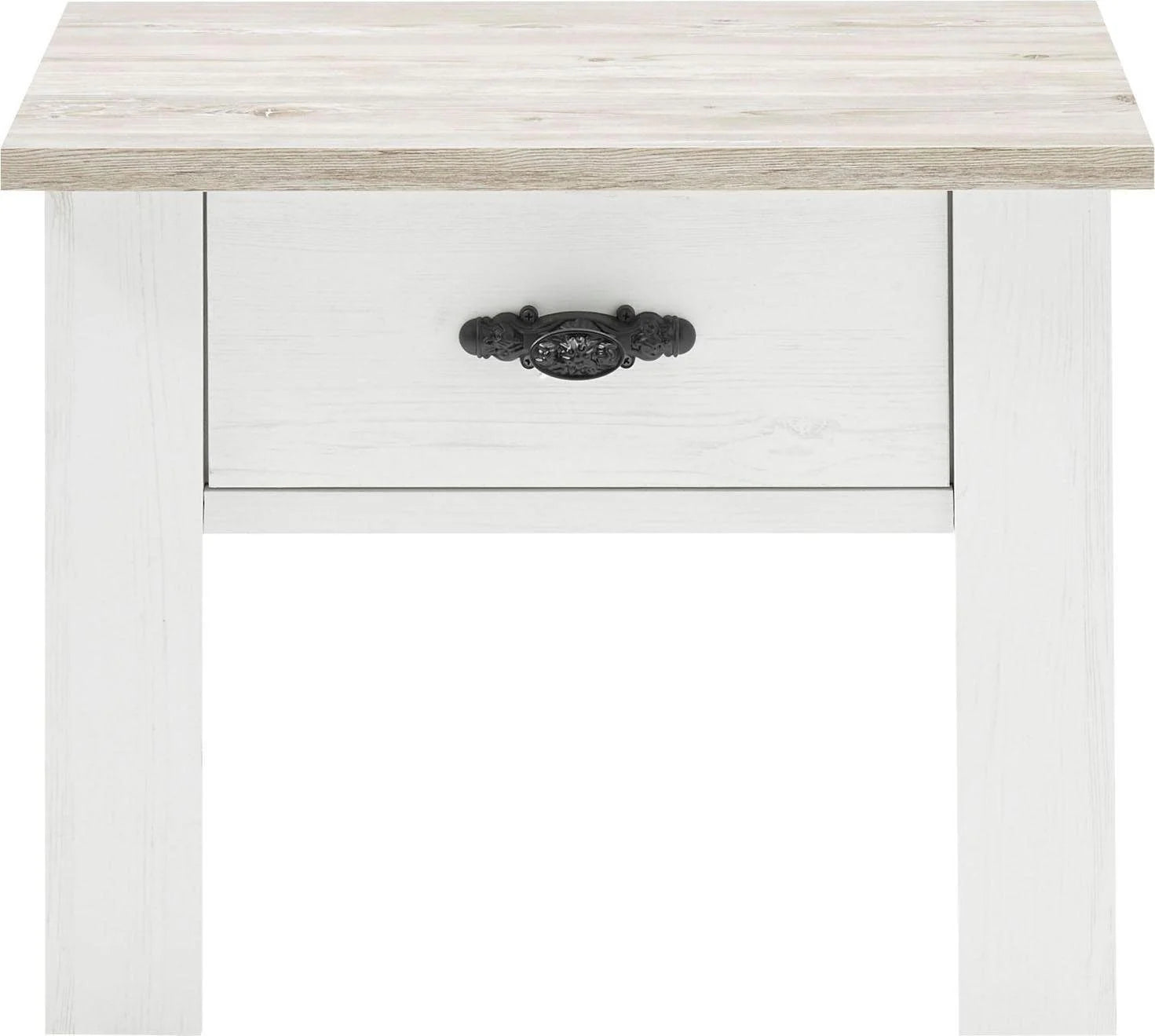 Mesita de noche Florenz blanca con aspecto de madera, 1 cajón, 58 cm de ancho