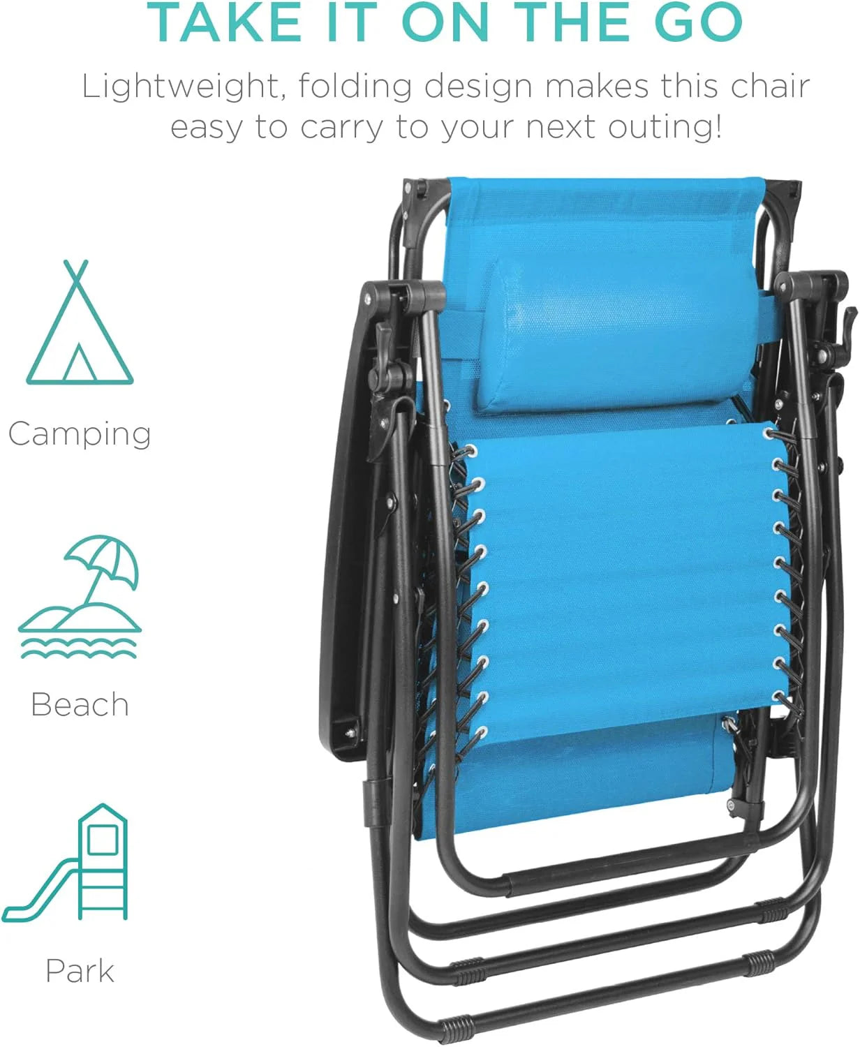 Best Choice Products – Silla Reclinable de Patio con Gravedad Cero, Ajustable y Plegable para Exteriores con Dosel, Almohada Cervical y Bandeja Lateral, Textileno – Azul Pavo Real