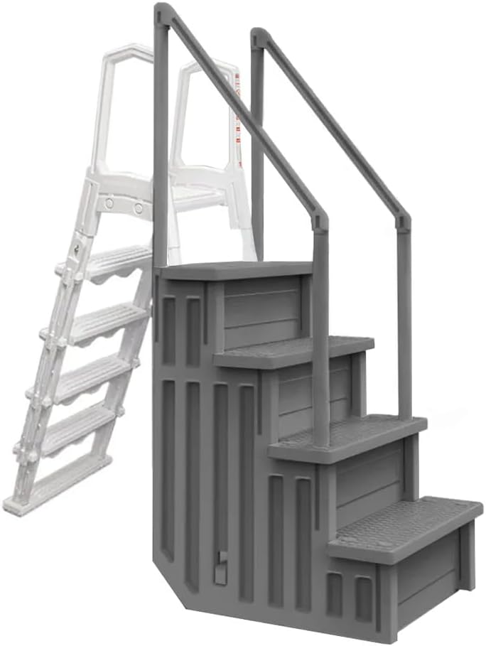 Escalones antideslizantes Aqua Select para piscinas elevadas | Azul | Para piscinas sobre tierra | Se pueden montar en terrazas de 48" a 54" de altura | Escalera de seguridad con capacidad hasta 250 lbs