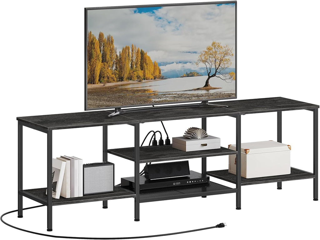 Mueble para TV con Enchufes Integrados para TVs de hasta 75 Pulgadas, Mesa Consola con Estantes Abiertos, Centro de Entretenimiento Industrial para Sala o Dormitorio, Color Marrón Rústico y Negro BF60DS01