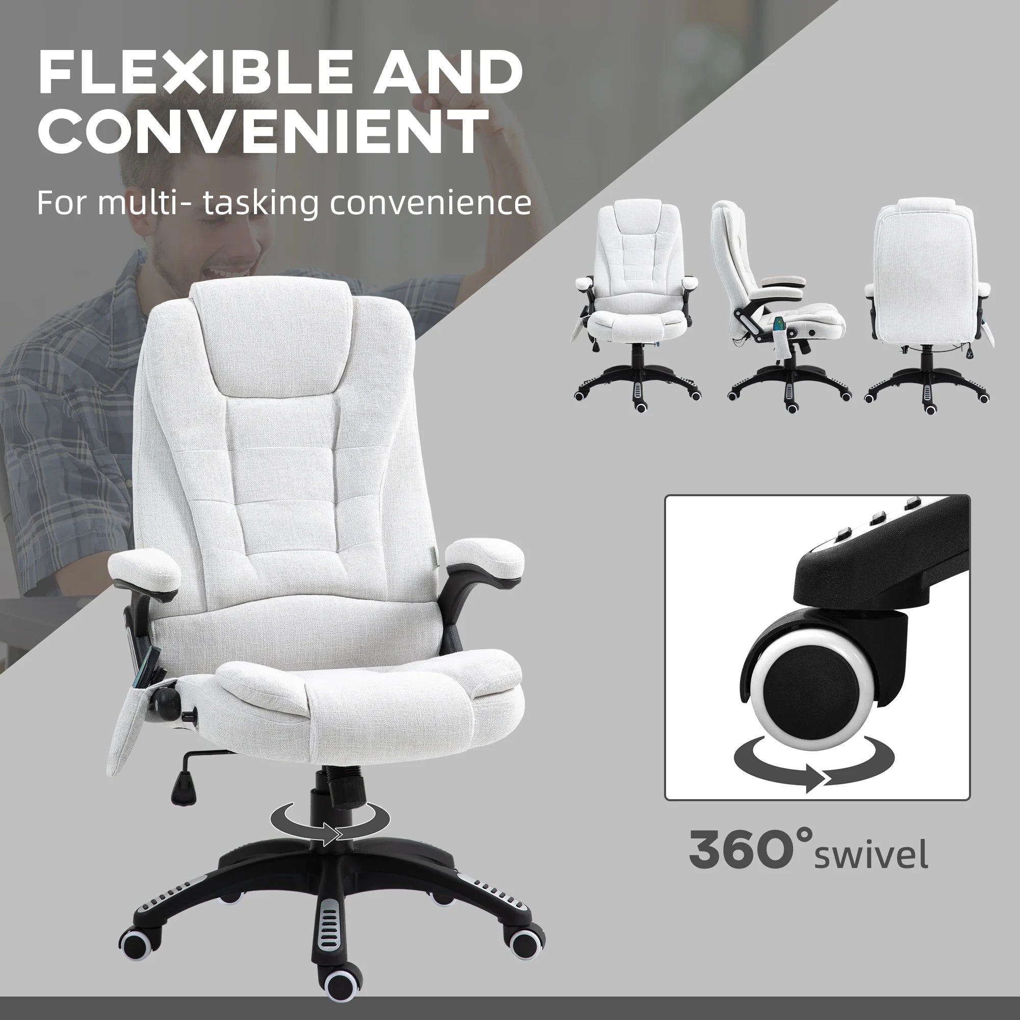 Silla de Oficina Ergonómica con Masaje de 6 Puntos y Calefacción en la Espalda, Tela Tipo Lino, Blanco Crema