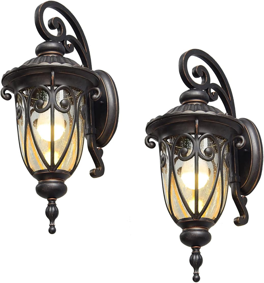 Luz de Pared Exterior Grande de 23" para Porche, Paquete de 2, Lámpara de Pared de Aluminio para Exterior, Farol Vintage de Bronce con Pantalla de Vidrio Transparente con Burbujas para Garaje